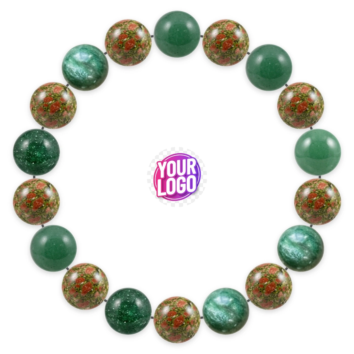 Natural stone bracelet made of Aventurine (×9), Unakite (×9), laid flat: order of the beads