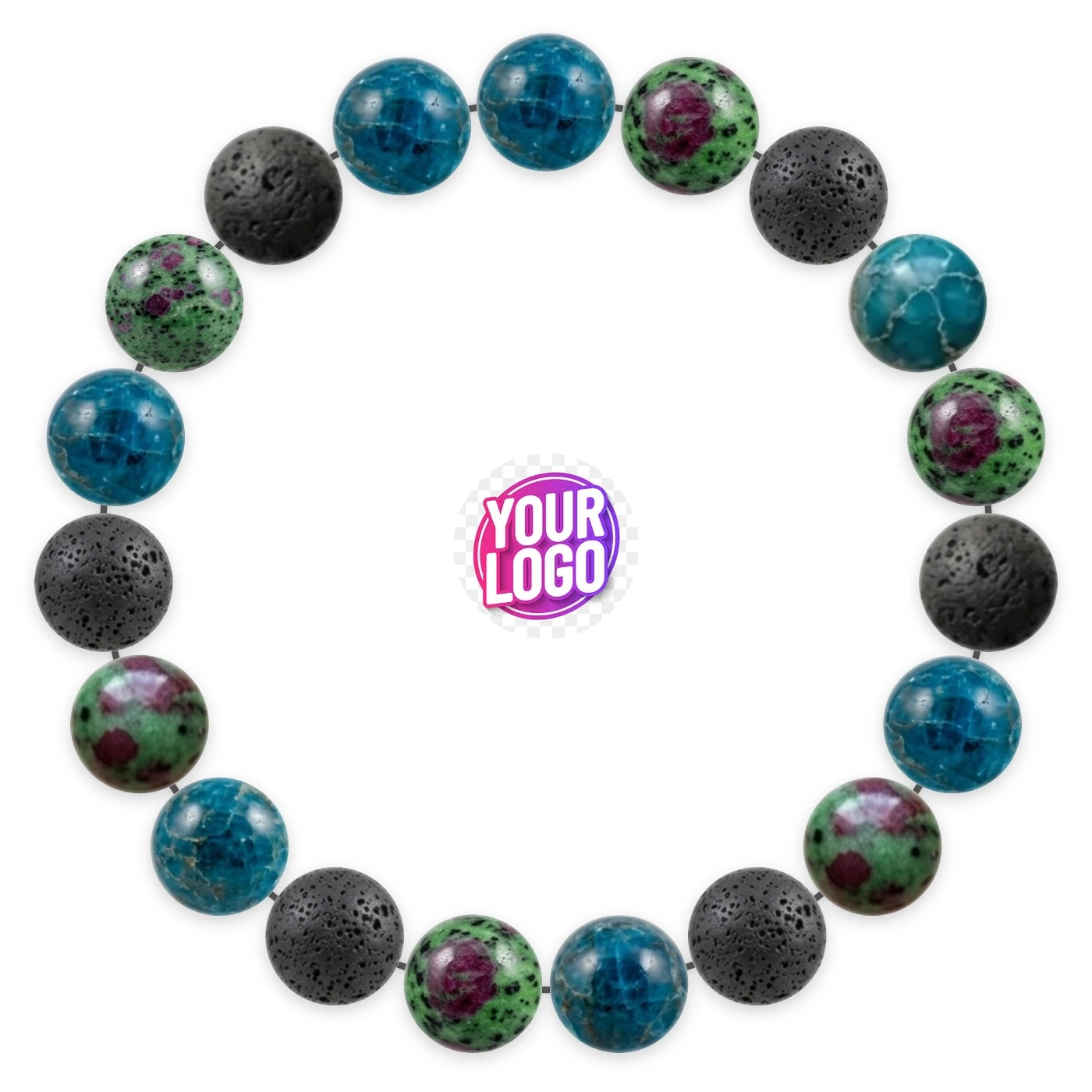 Natural stone bracelet made of Blue Apatite (×7), Ruby Zoisite (×6), Lava Stone (×6), laid flat: order of the beads