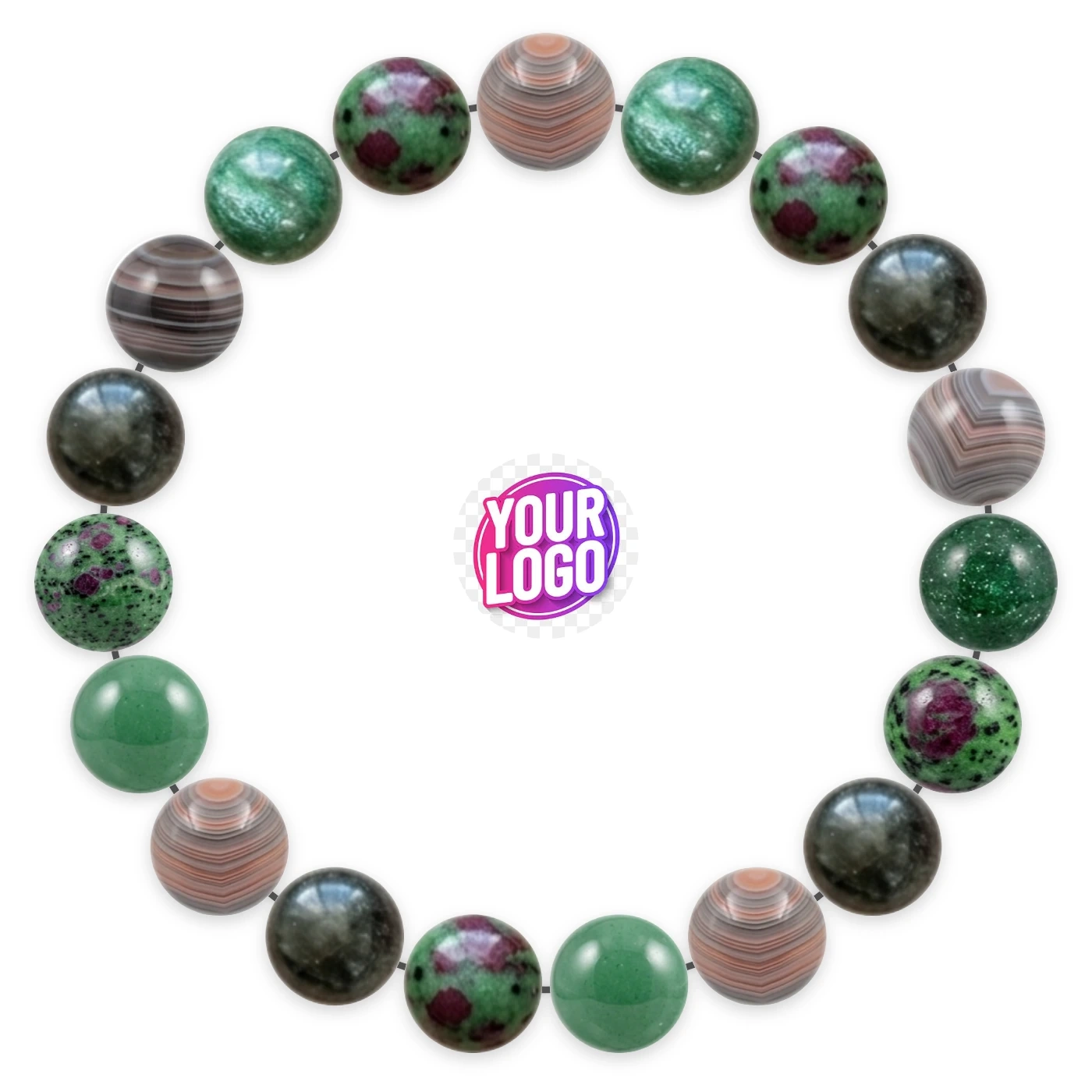 Natural stone bracelet made of Botswana Agate (×5), Aventurine (×5), Ruby Zoisite (×5), Tourmaline (×4), laid flat: order of the beads