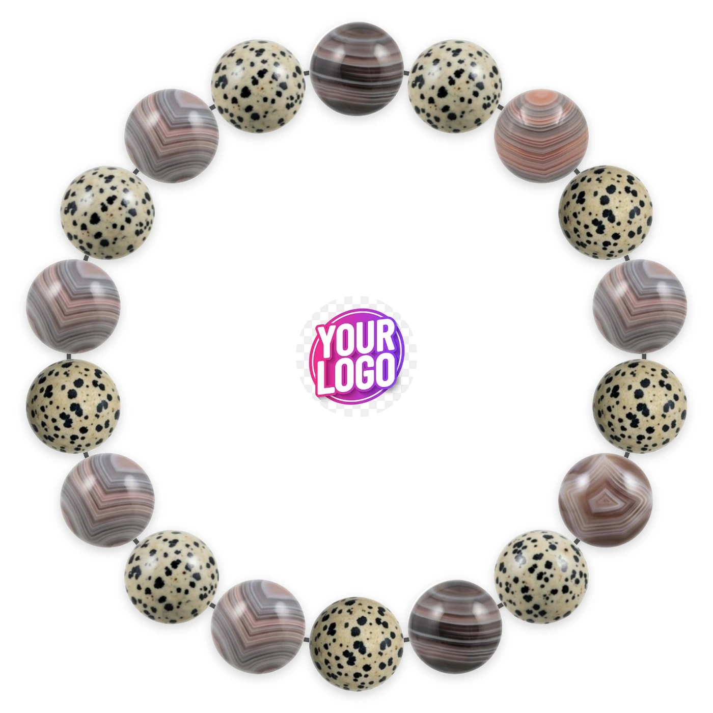 Natural stone bracelet made of Botswana Agate (×9), Dalmatian Jasper (×9), laid flat: order of the beads