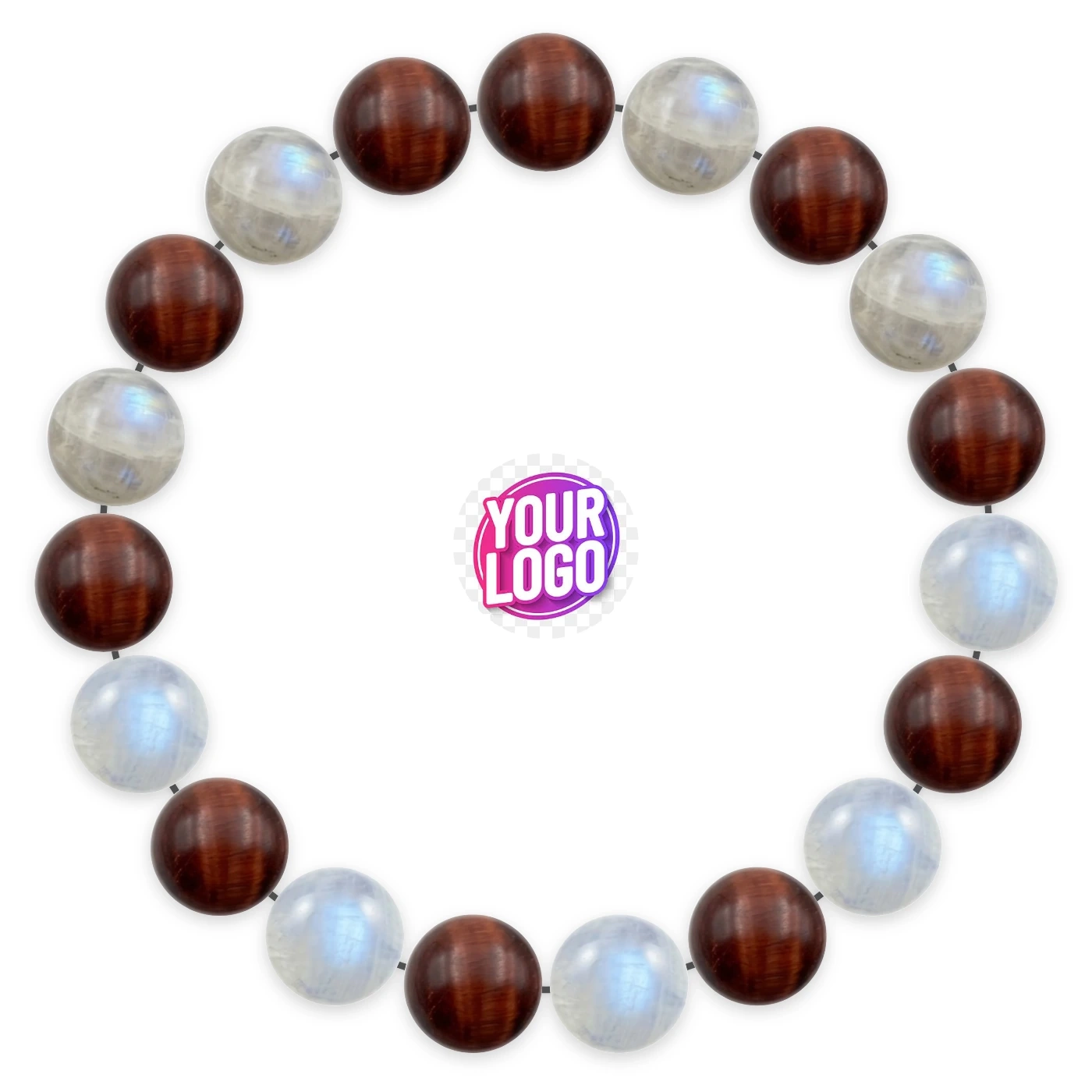 Natural stone bracelet made of Bull's Eye (×10), Moonstone (×9), laid flat: order of the beads