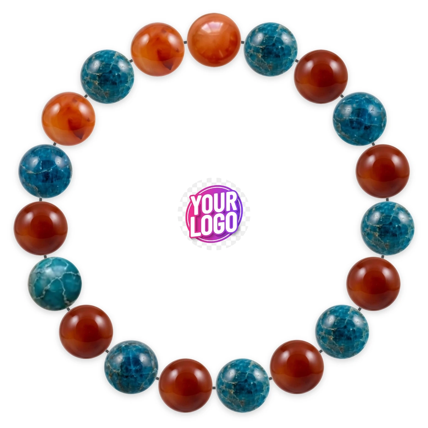Natural stone bracelet made of Carnelian (×10), Blue Apatite (×9), laid flat: order of the beads
