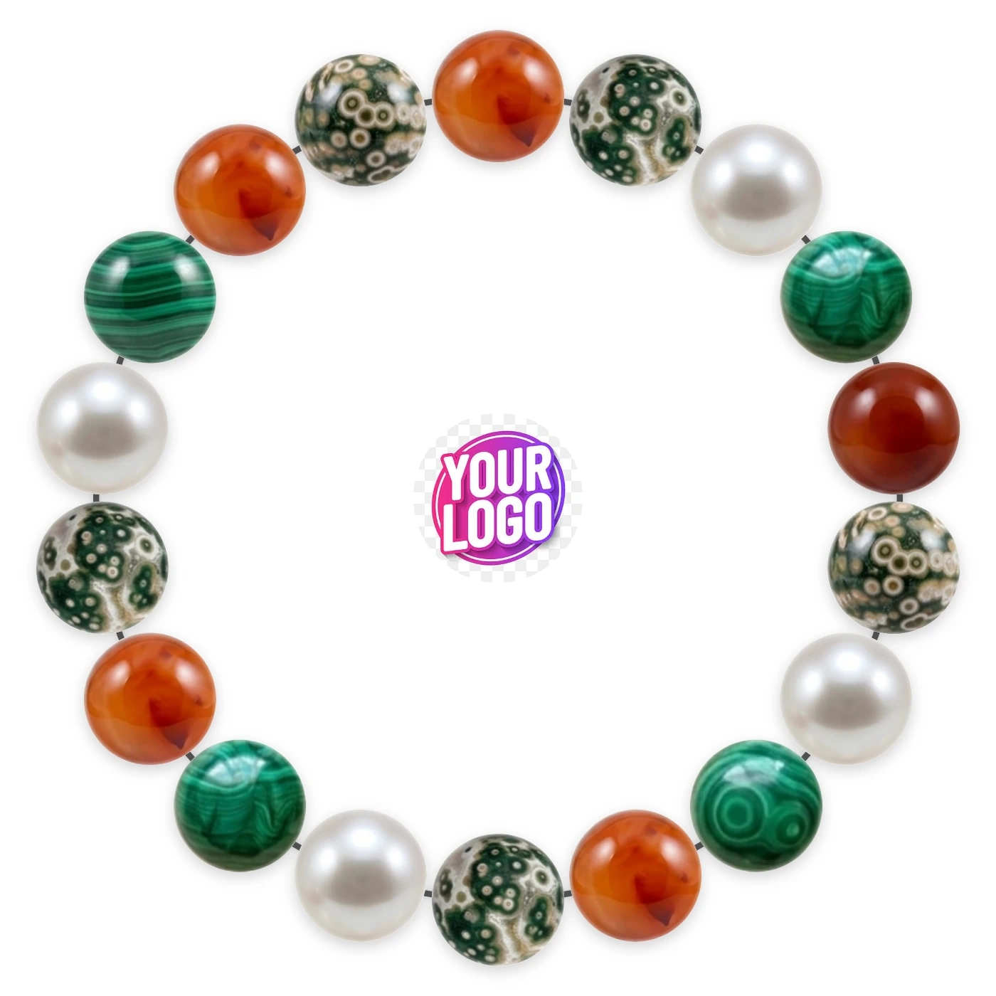 Natural stone bracelet made of Carnelian (×5), Ocean Jasper (×5), Akoya Pearl (×4), Malachite (×4), laid flat: order of the beads