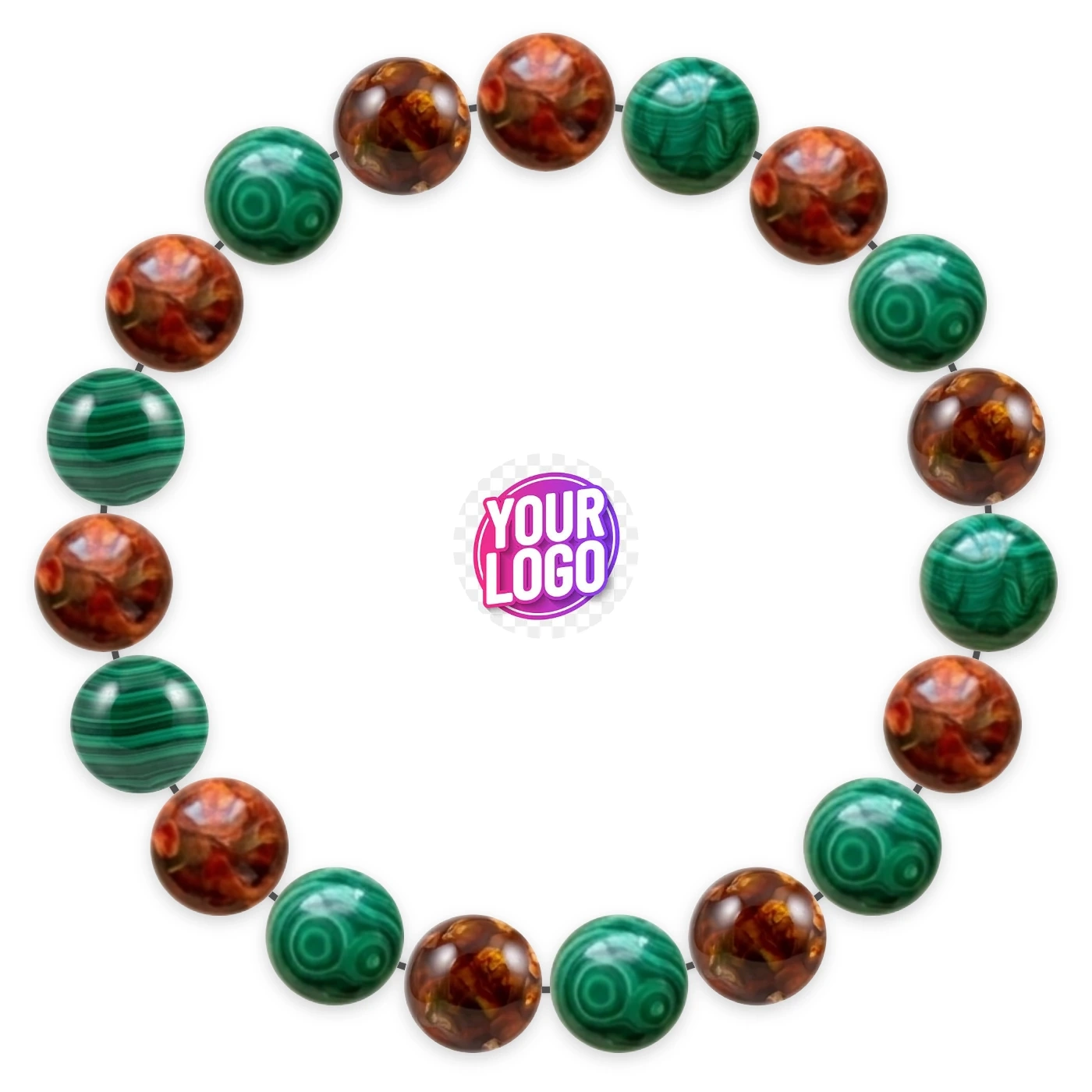 Natural stone bracelet made of Fire Agate (×10), Malachite (×9), laid flat: order of the beads