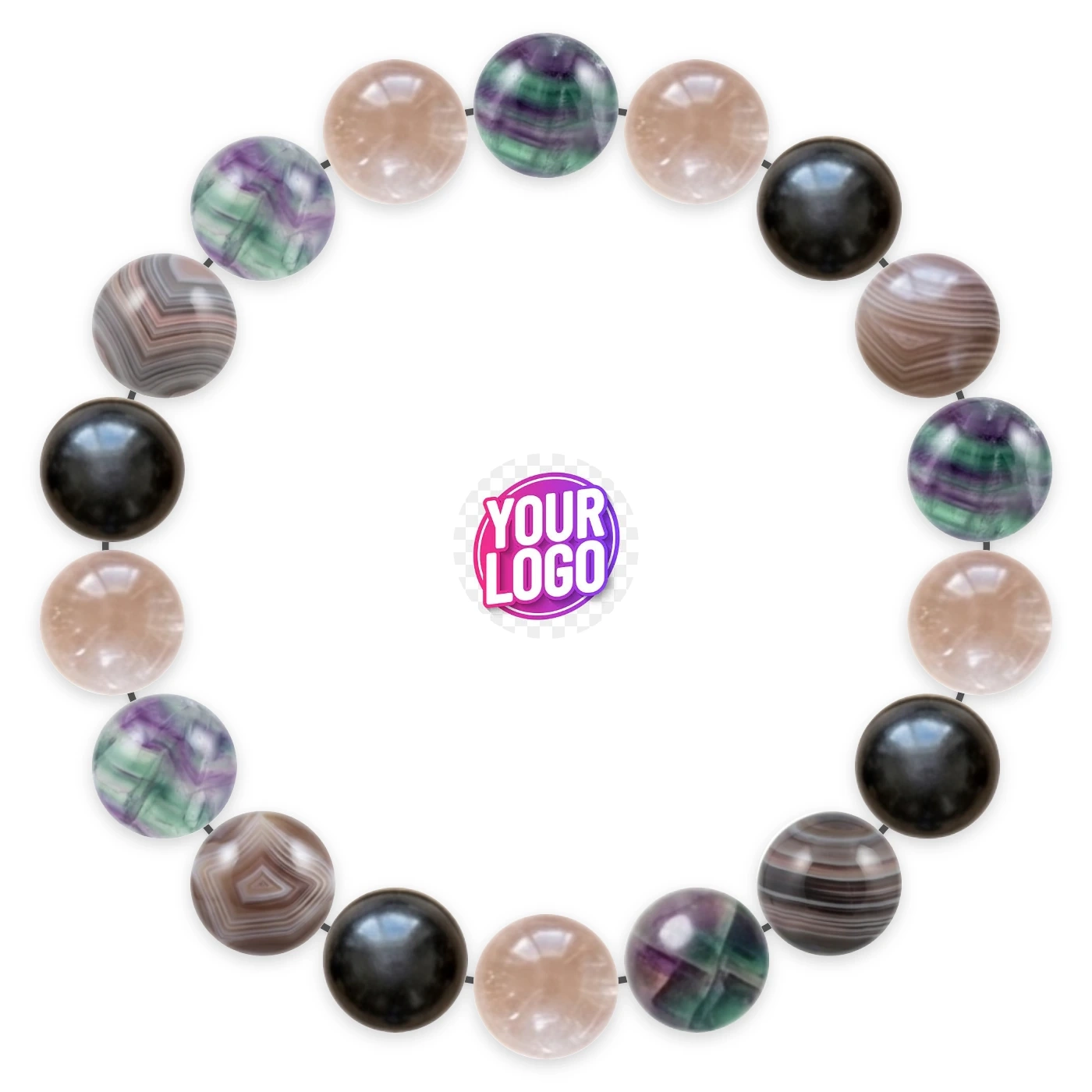 Natural stone bracelet made of Fluorite (×5), Kunzite (×5), Obsidian (×4), Botswana Agate (×4), laid flat: order of the beads