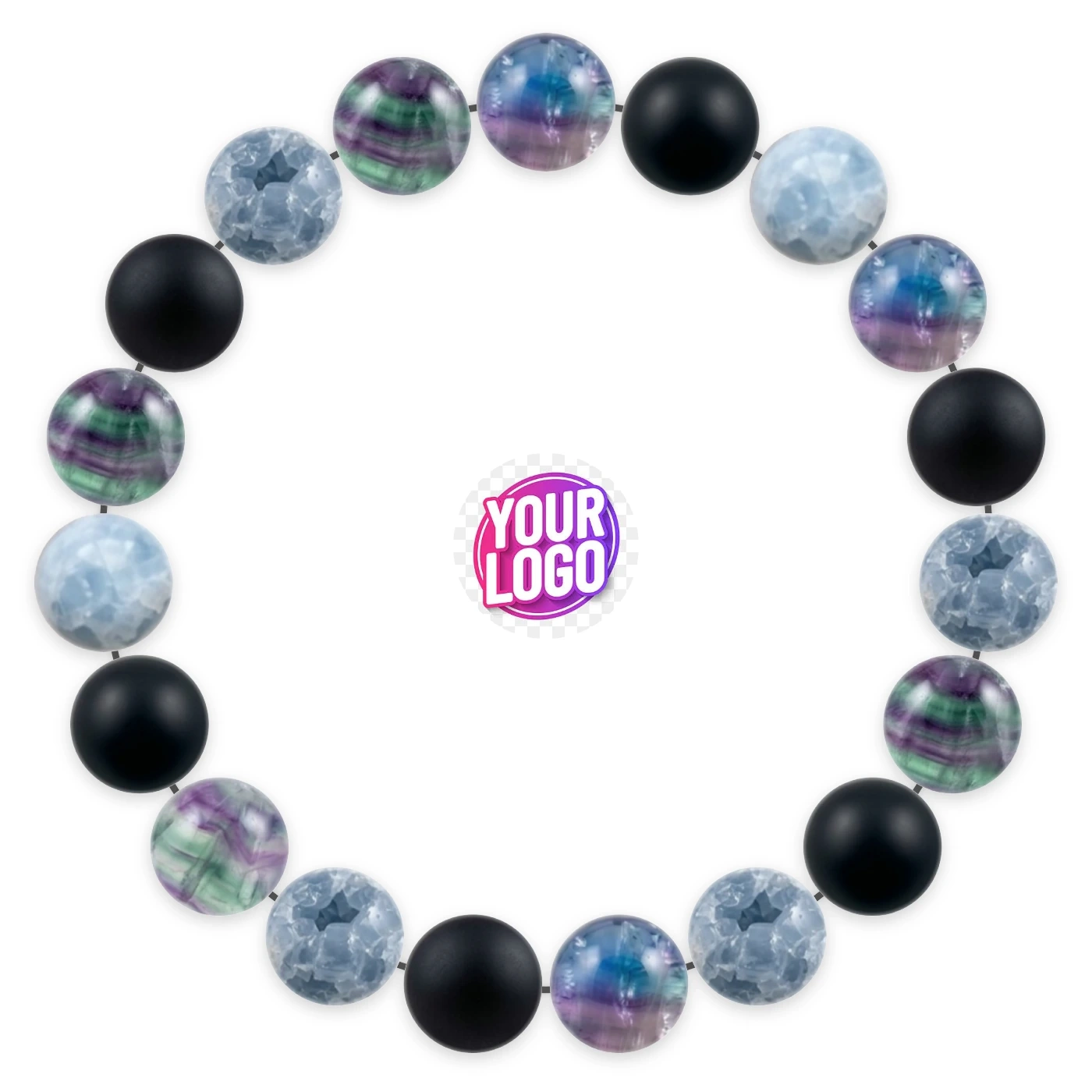 Natural stone bracelet made of Fluorite (×7), Matte Onyx (×6), Celestite (×6), laid flat: order of the beads