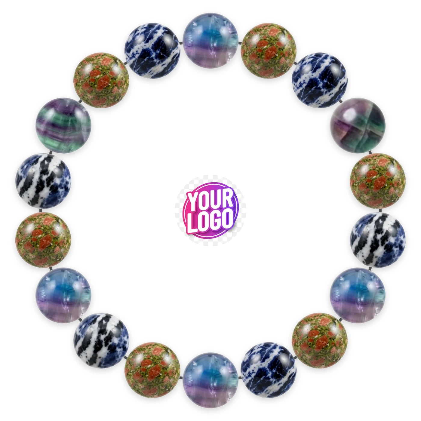 Natural stone bracelet made of Fluorite (×6), Unakite (×6), Zebra Sodalite (×6), laid flat: order of the beads