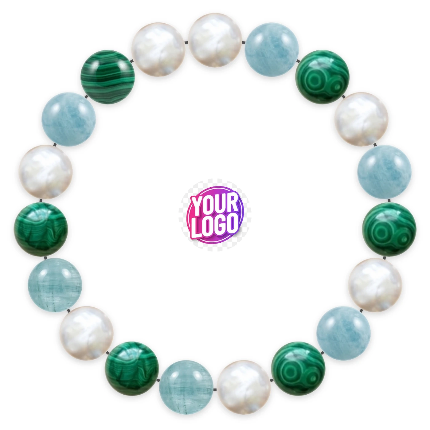 Natural stone bracelet made of Freshwater Pearl (×7), Aquamarine (×6), Malachite (×6), laid flat: order of the beads