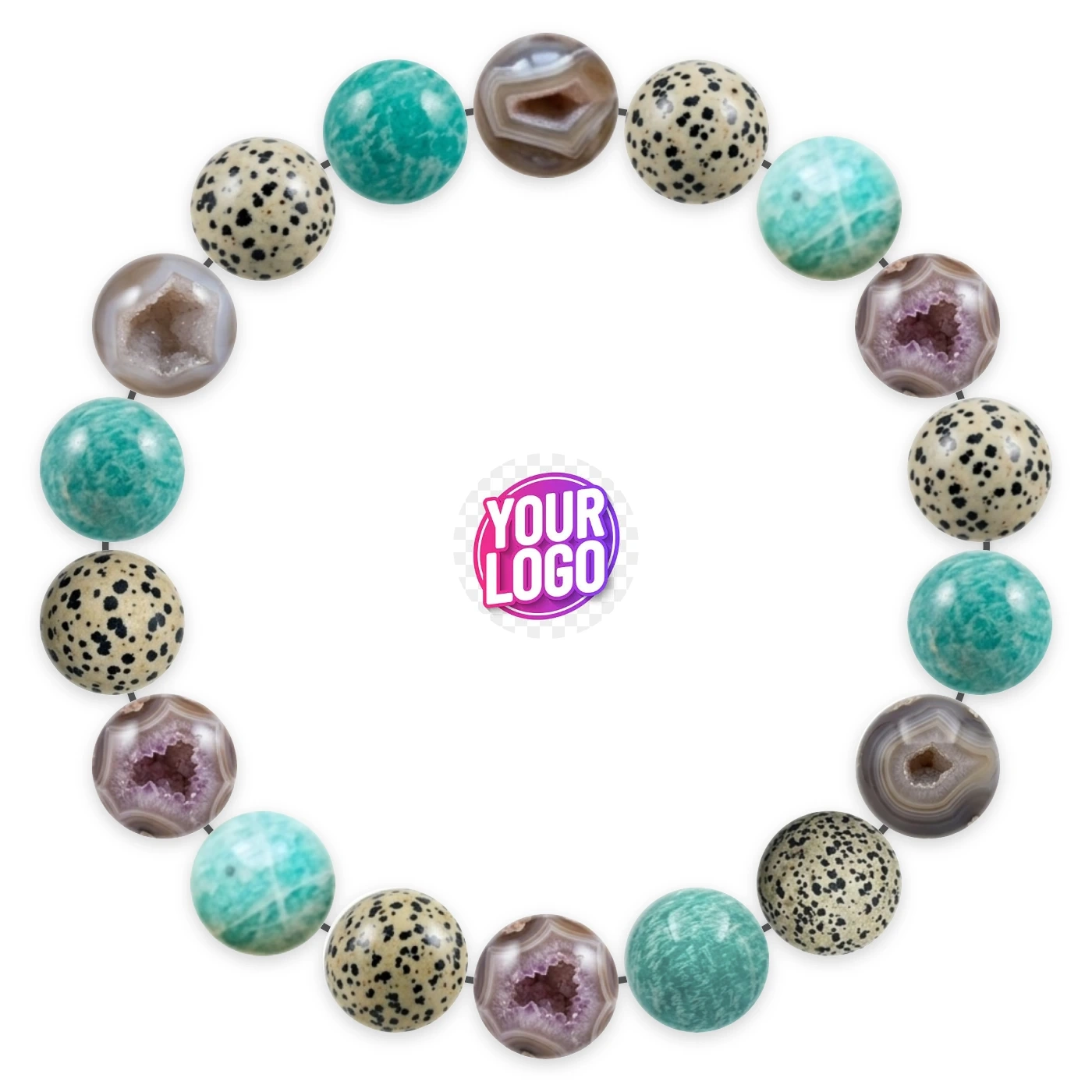 Natural stone bracelet made of Geode Agate (×6), Dalmatian Jasper (×6), Amazonite (×6), laid flat: order of the beads