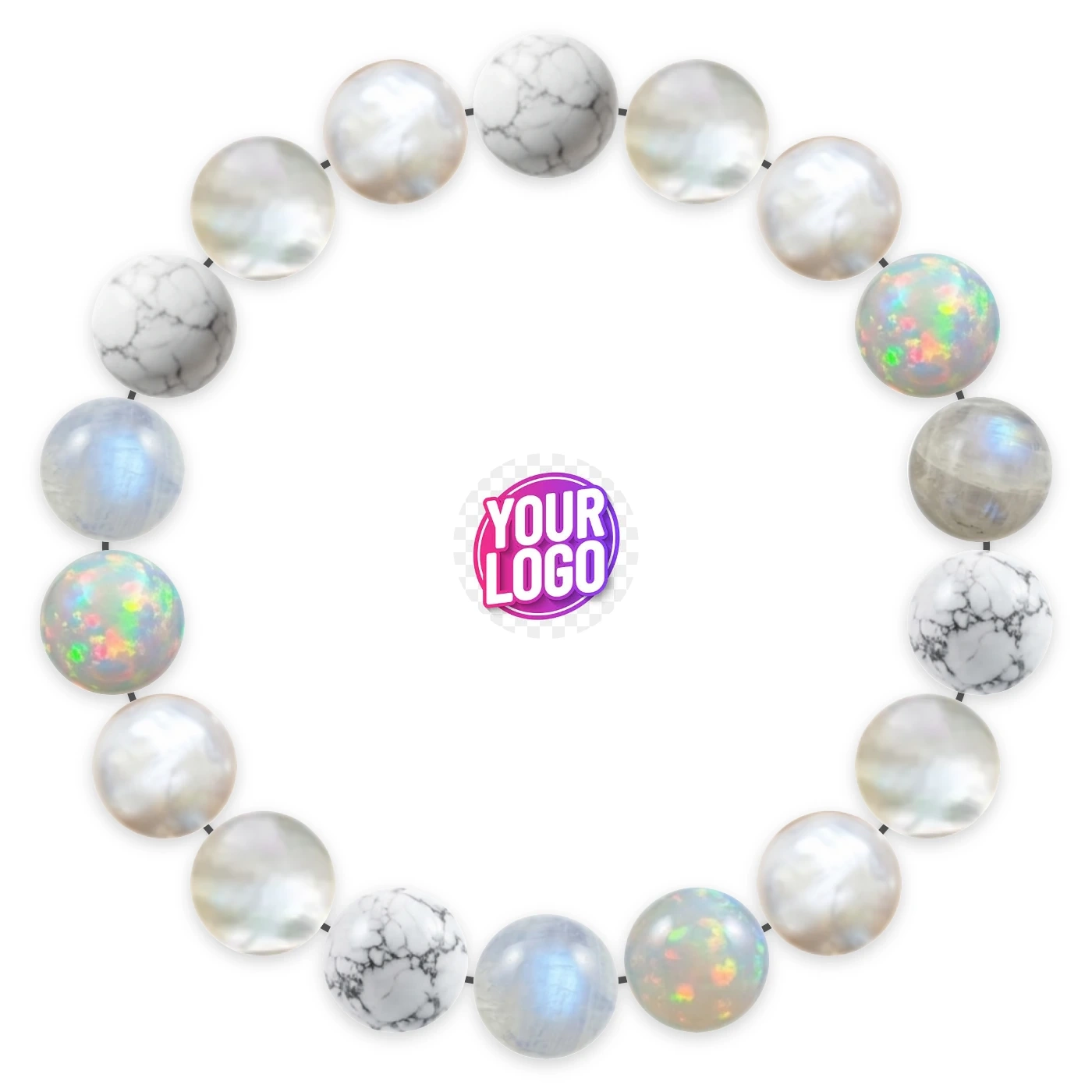 Natural stone bracelet made of Howlite (×4), Mother of Pearl (×4), Freshwater Pearl (×4), Opale (×3), Moonstone (×3), laid flat: order of the beads