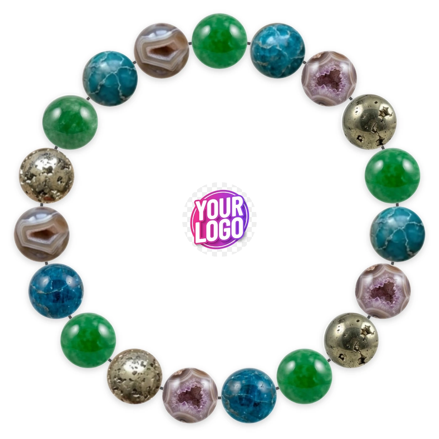 Natural stone bracelet made of Green Dyed Quartz (Malaysia Jade) (×5), Blue Apatite (×5), Geode Agate (×5), Pyrite (×4), laid flat: order of the beads