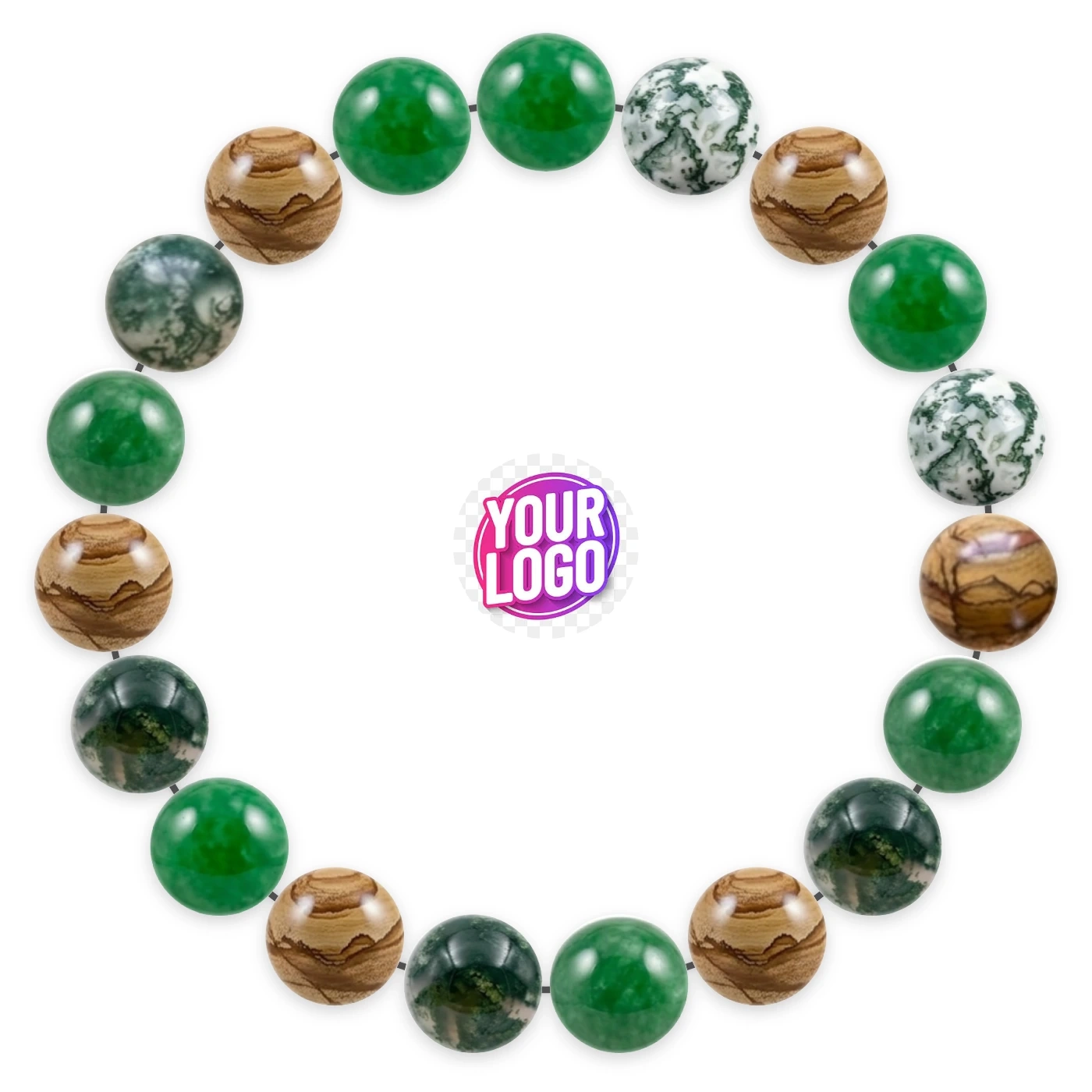 Natural stone bracelet made of Green Dyed Quartz (Malaysia Jade) (×7), Moss Agate (×6), Picture Jasper (×6), laid flat: order of the beads
