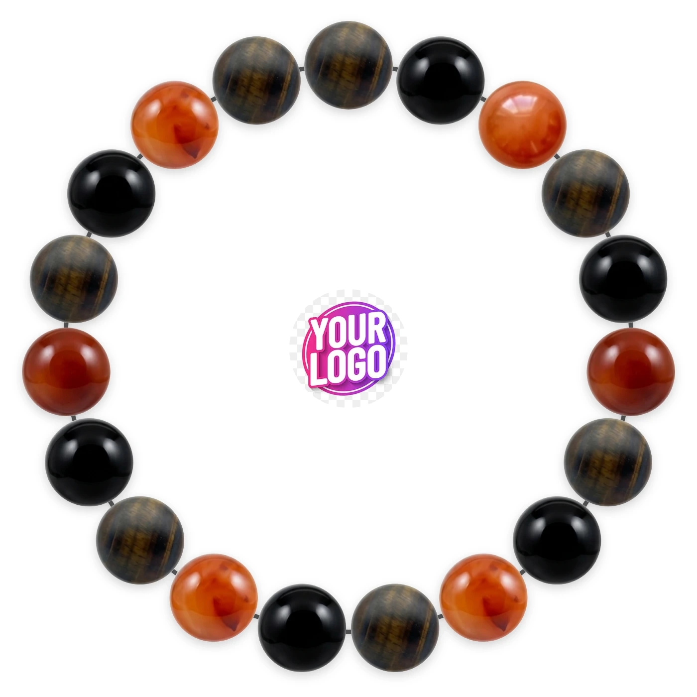 Natural stone bracelet made of Iron Eye (×7), Black Onyx (×6), Carnelian (×6), laid flat: order of the beads