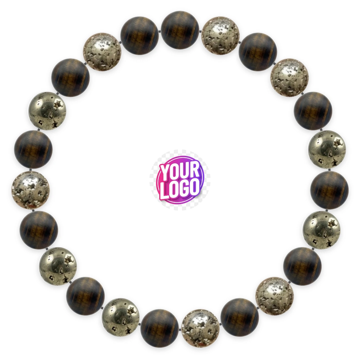 Natural stone bracelet made of Iron Eye (×12), Pyrite (×11), laid flat: order of the beads