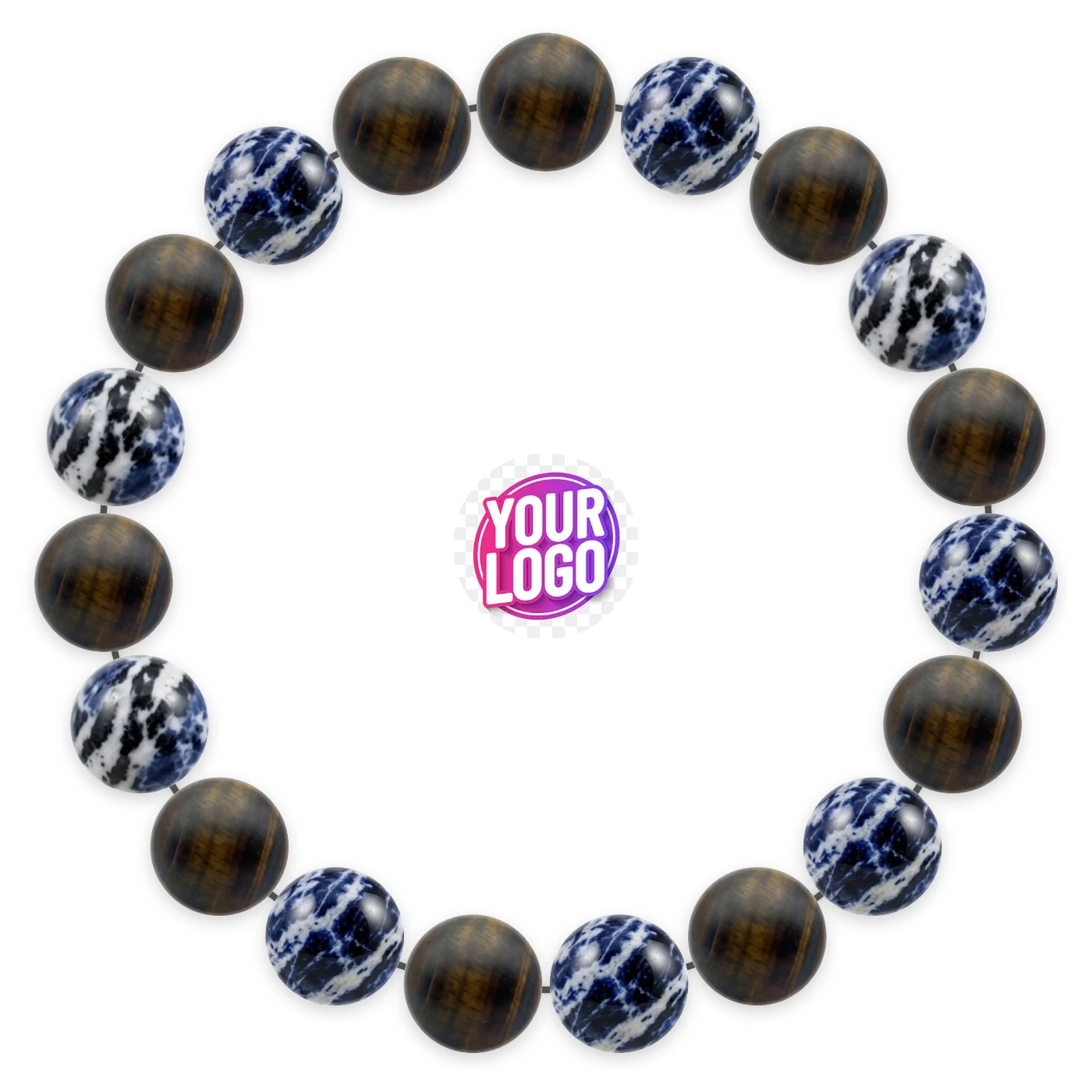 Natural stone bracelet made of Iron Eye (×10), Zebra Sodalite (×9), laid flat: order of the beads