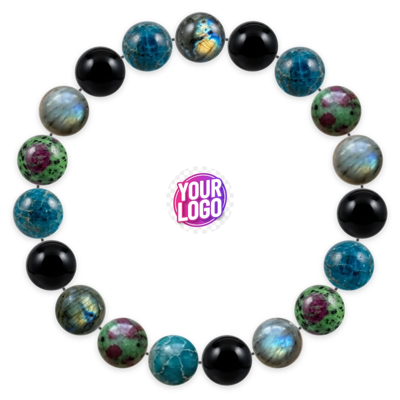 Natural stone bracelet made of Labradorite (×5), Black Onyx (×5), Blue Apatite (×5), Ruby Zoisite (×4), laid flat: order of the beads