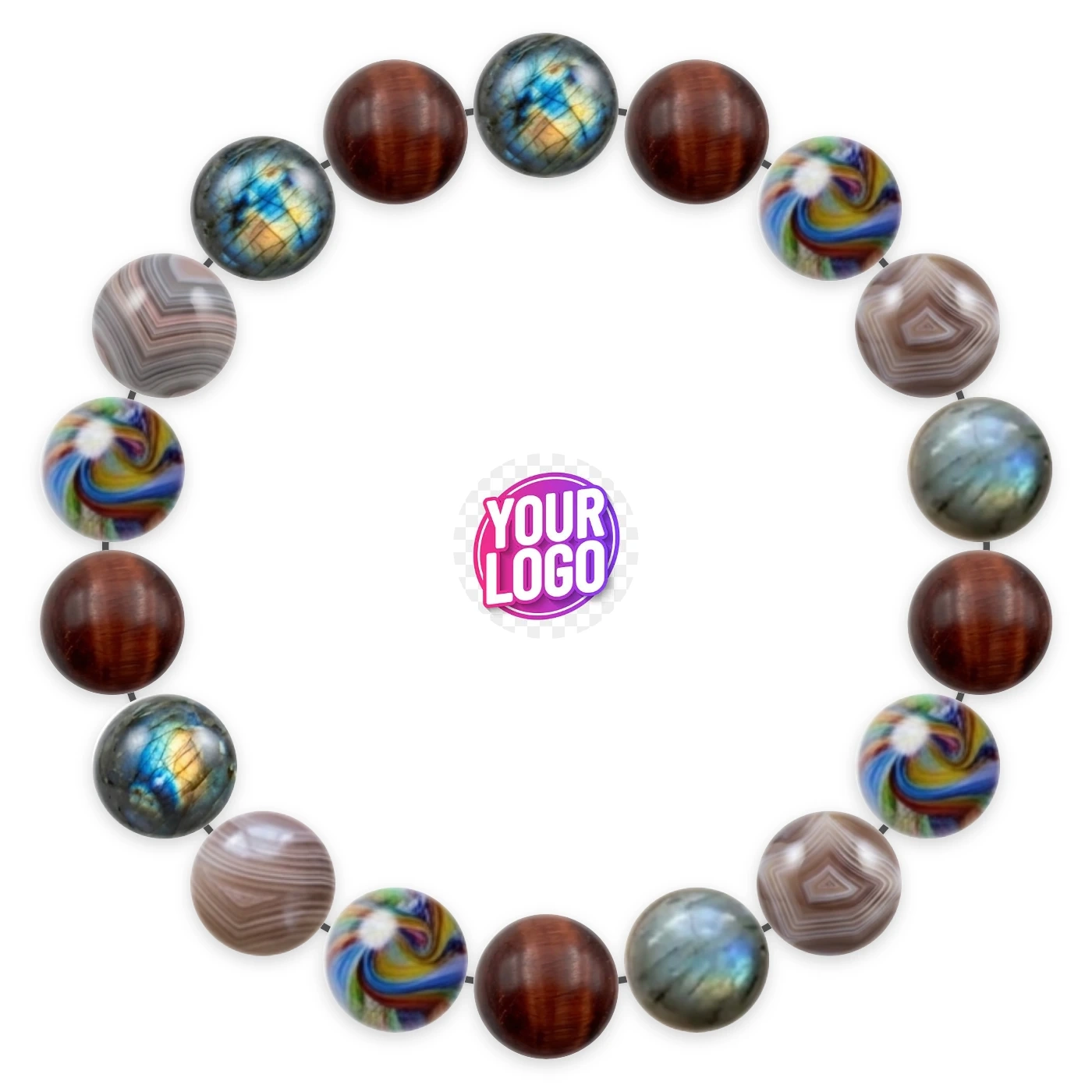 Natural stone bracelet made of Labradorite (×5), Bull's Eye (×5), Murano Glass (×4), Botswana Agate (×4), laid flat: order of the beads