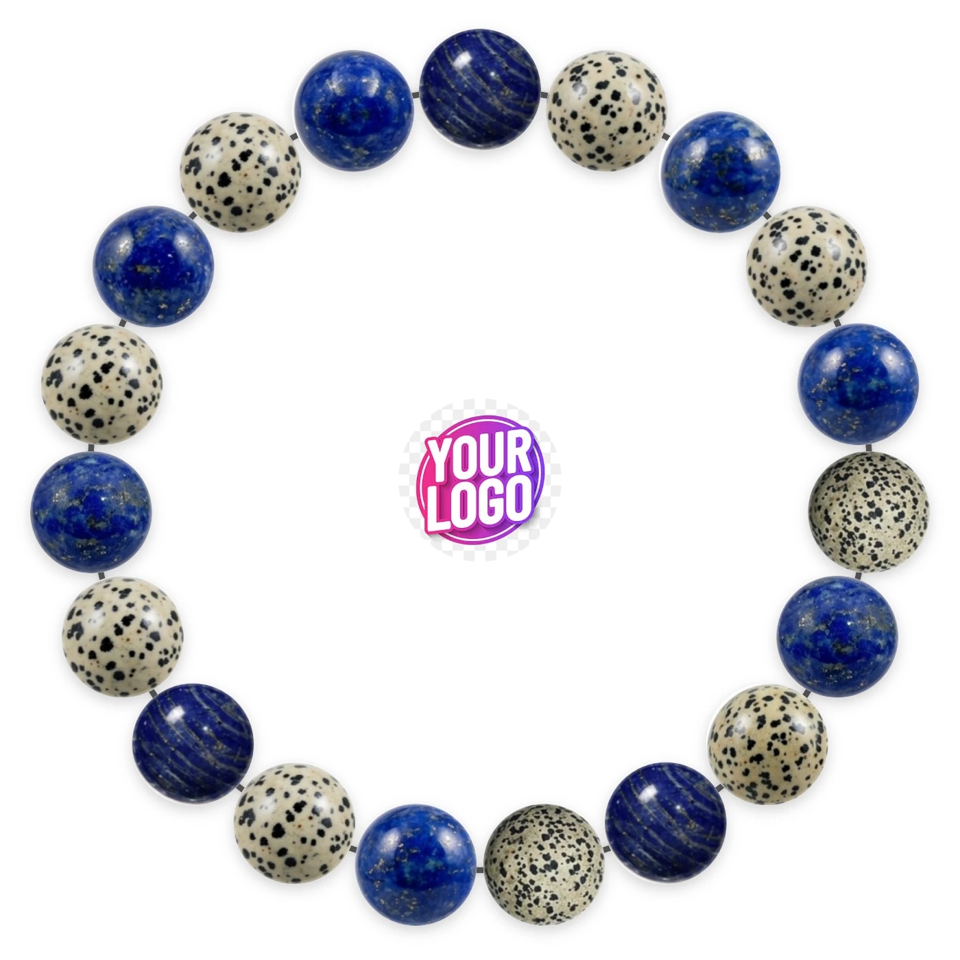 Natural stone bracelet made of Lapis Lazuli (×10), Dalmatian Jasper (×9), laid flat: order of the beads