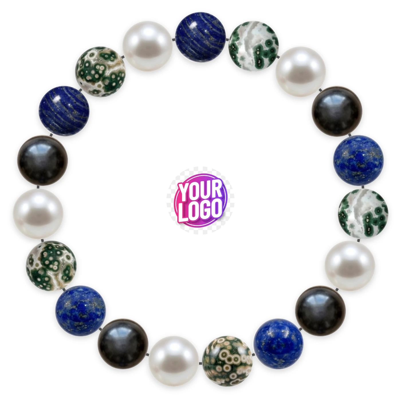 Natural stone bracelet made of Lapis Lazuli (×5), Ocean Jasper (×5), Akoya Pearl (×5), Obsidian (×4), laid flat: order of the beads