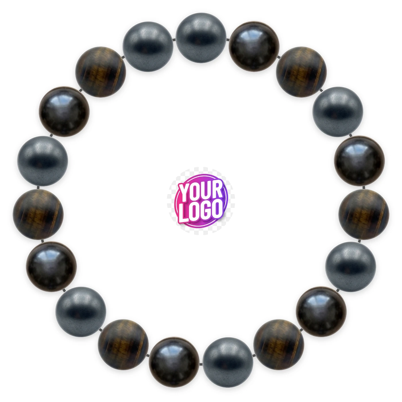Natural stone bracelet made of Matte Hematite (×7), Obsidian (×6), Iron Eye (×6), laid flat: order of the beads
