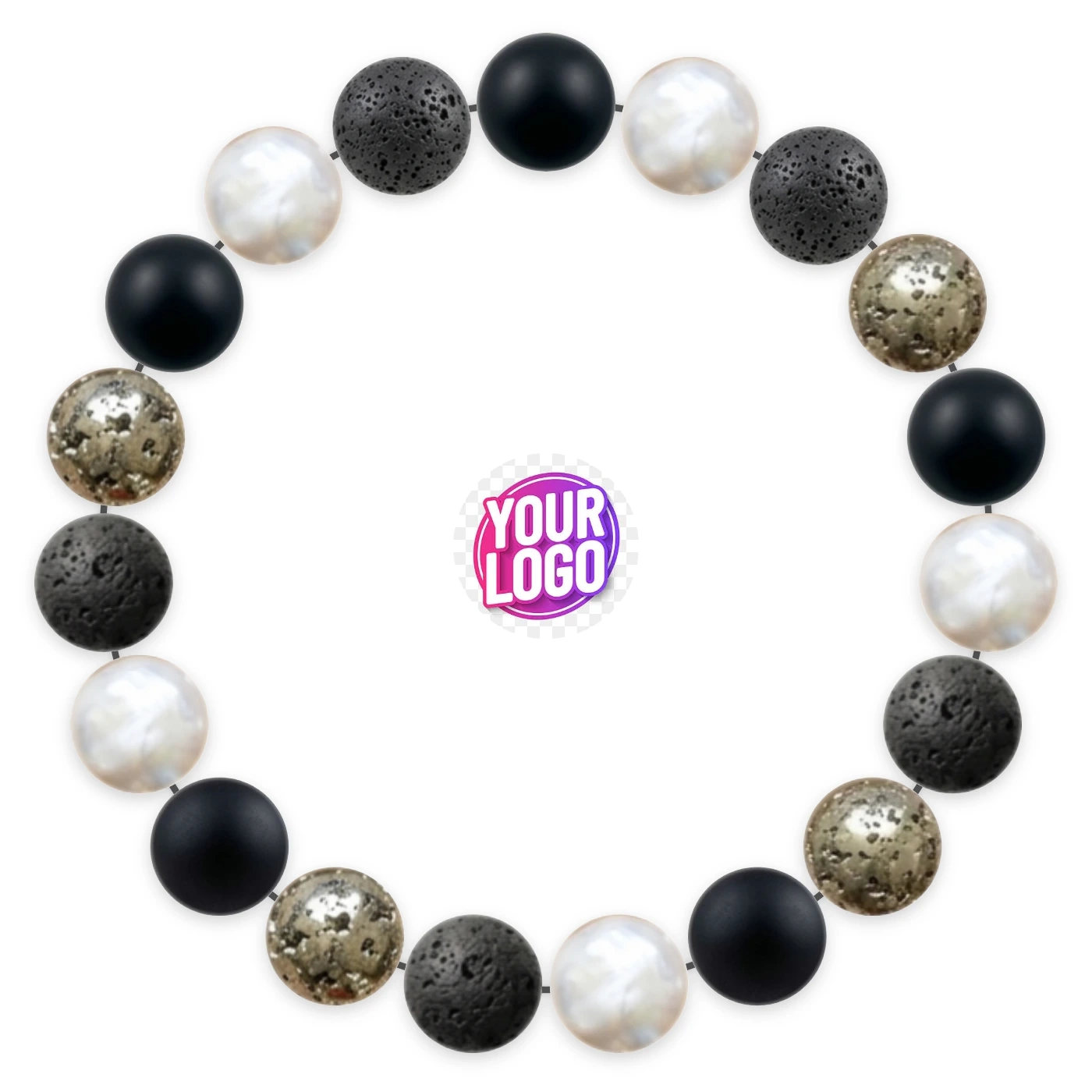 Natural stone bracelet made of Matte Onyx (×5), Freshwater Pearl (×5), Lava Stone (×5), Pyrite (×4), laid flat: order of the beads