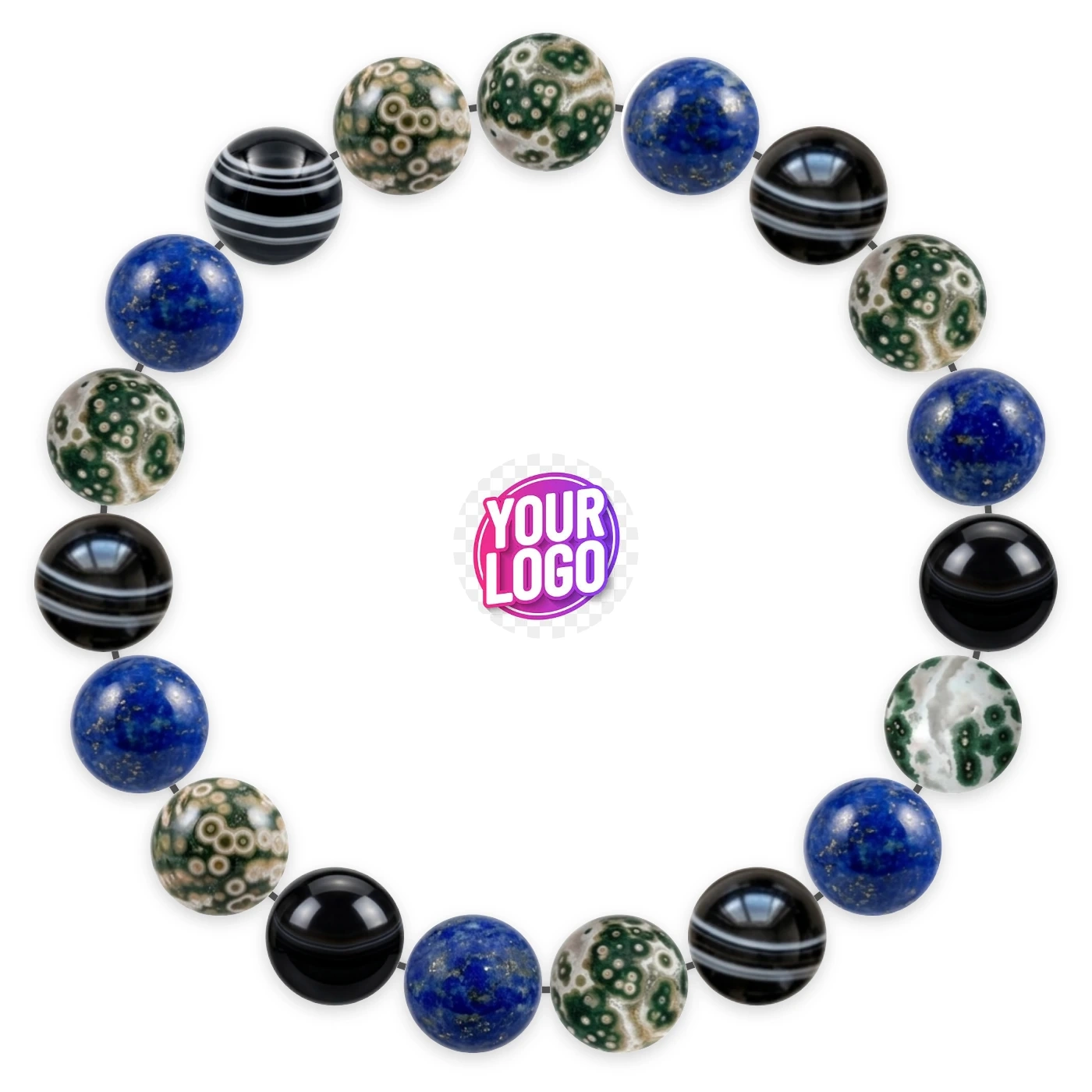 Natural stone bracelet made of Ocean Jasper (×7), Lapis Lazuli (×6), Black Agate (×6), laid flat: order of the beads