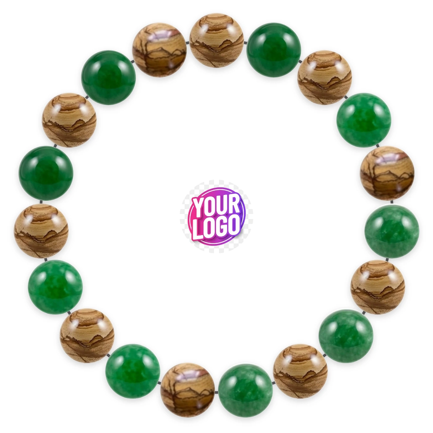 Natural stone bracelet made of Picture Jasper (×10), Green Dyed Quartz (Malaysia Jade) (×9), laid flat: order of the beads