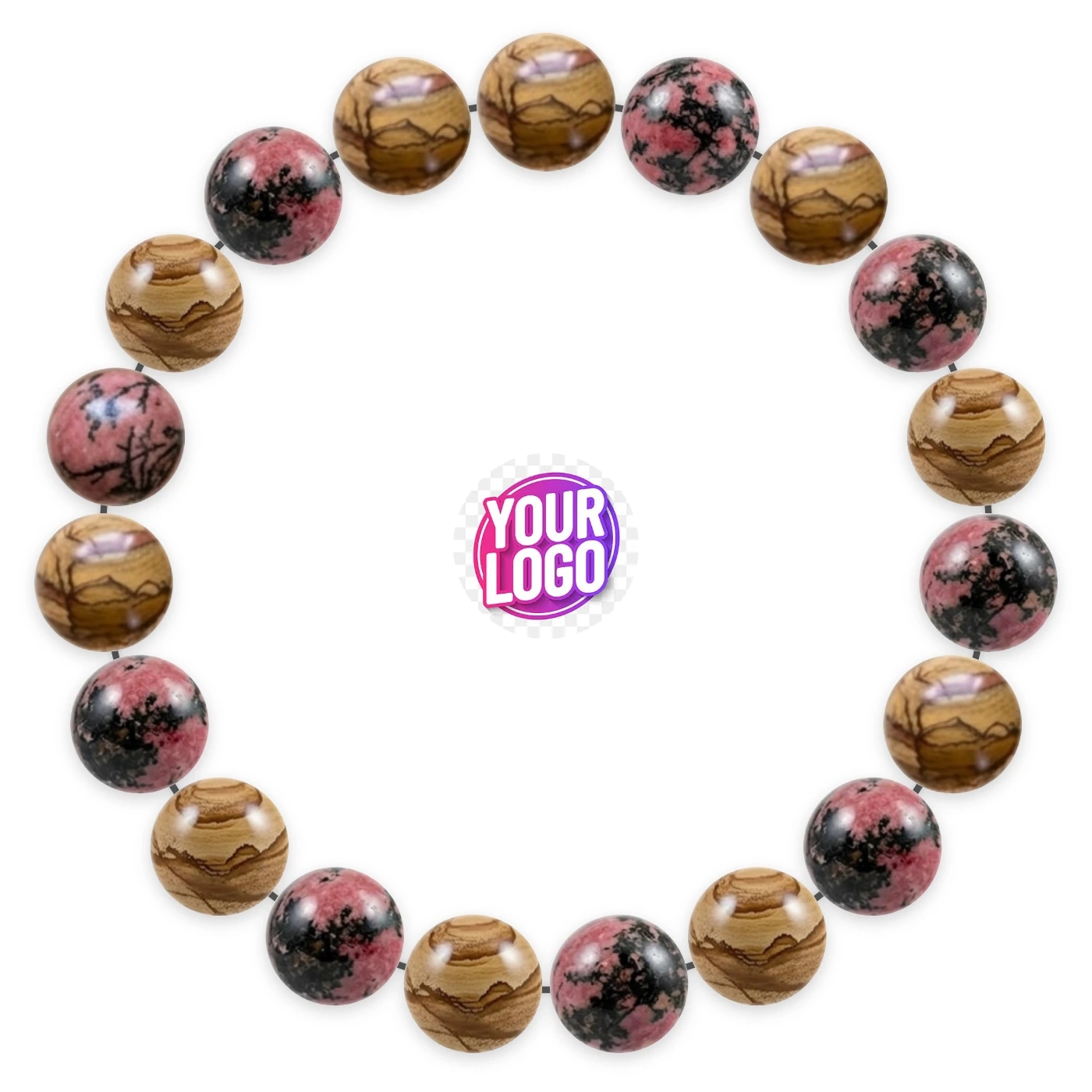 Natural stone bracelet made of Picture Jasper (×10), Rhodonite (×9), laid flat: order of the beads
