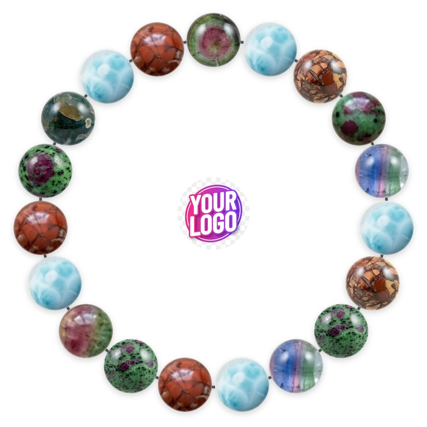 Natural stone bracelet made of Rainbow Tourmaline (×5), Larimar (×5), Brecciated Jasper (×5), Ruby Zoisite (×4), laid flat: order of the beads