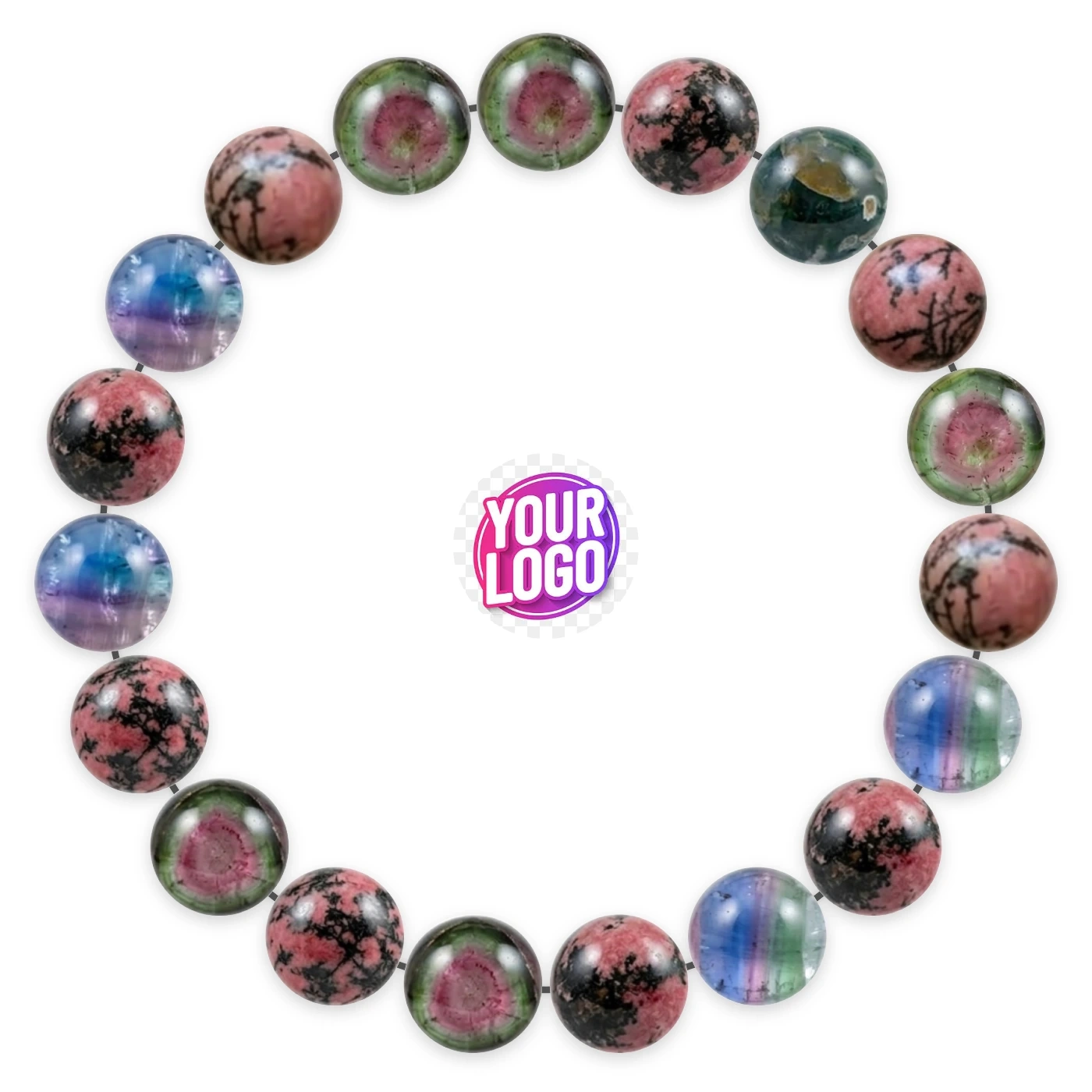 Natural stone bracelet made of Rainbow Tourmaline (×10), Rhodonite (×9), laid flat: order of the beads