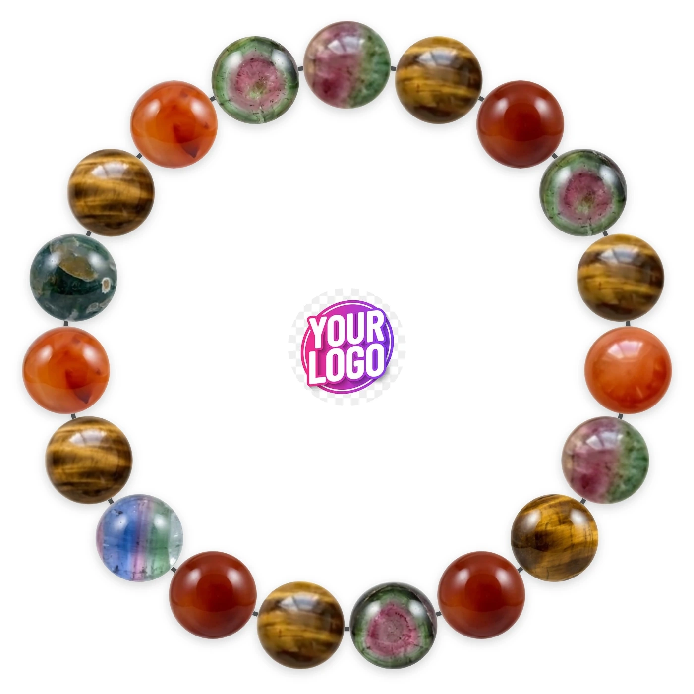 Natural stone bracelet made of Rainbow Tourmaline (×7), Tiger's Eye (×6), Carnelian (×6), laid flat: order of the beads