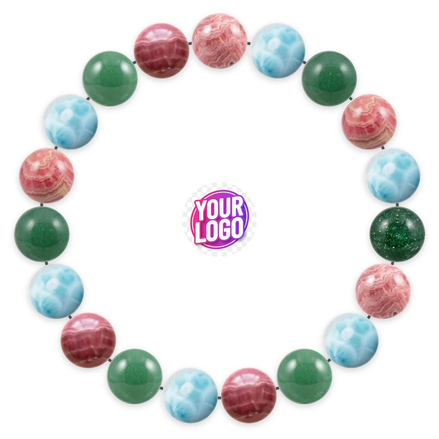 Natural stone bracelet made of Rhodochrosite (×7), Larimar (×6), Aventurine (×6), laid flat: order of the beads