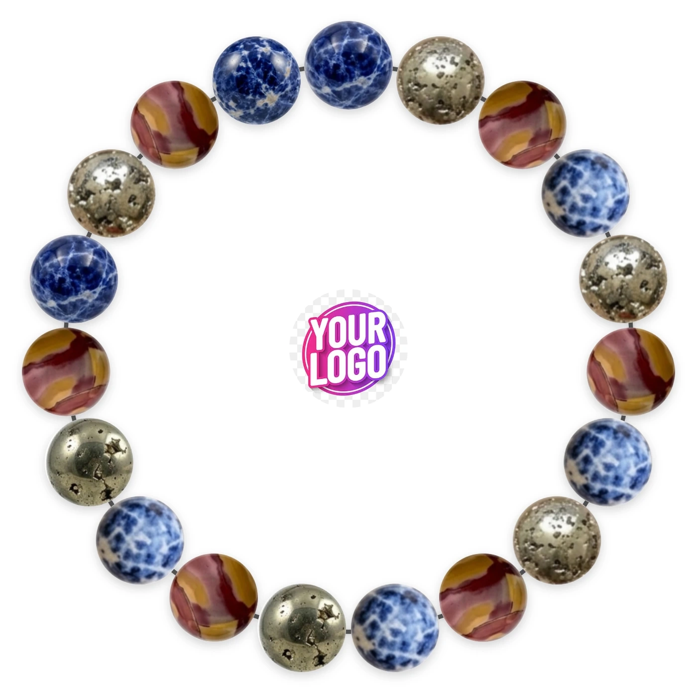 Natural stone bracelet made of Sodalite (×7), Pyrite (×6), Mookaite Jasper (×6), laid flat: order of the beads