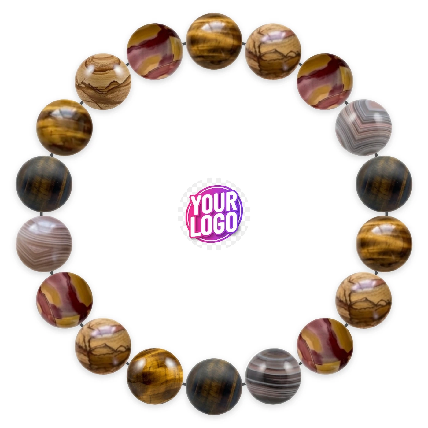 Natural stone bracelet made of Tiger's Eye (×4), Picture Jasper (×4), Mookaite Jasper (×4), Botswana Agate (×3), Iron Eye (×3), laid flat: order of the beads