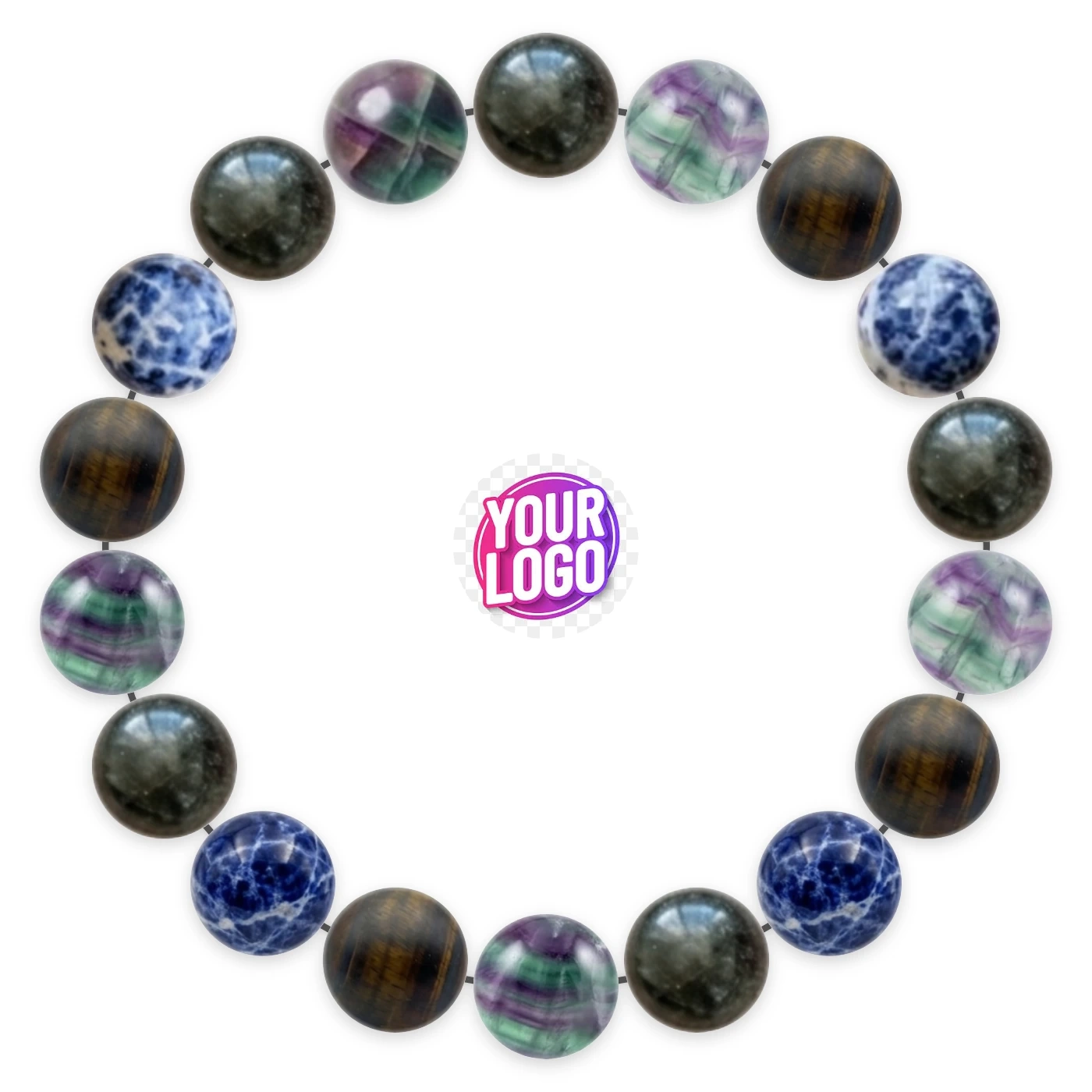 Natural stone bracelet made of Tourmaline (×5), Fluorite (×5), Iron Eye (×4), Sodalite (×4), laid flat: order of the beads