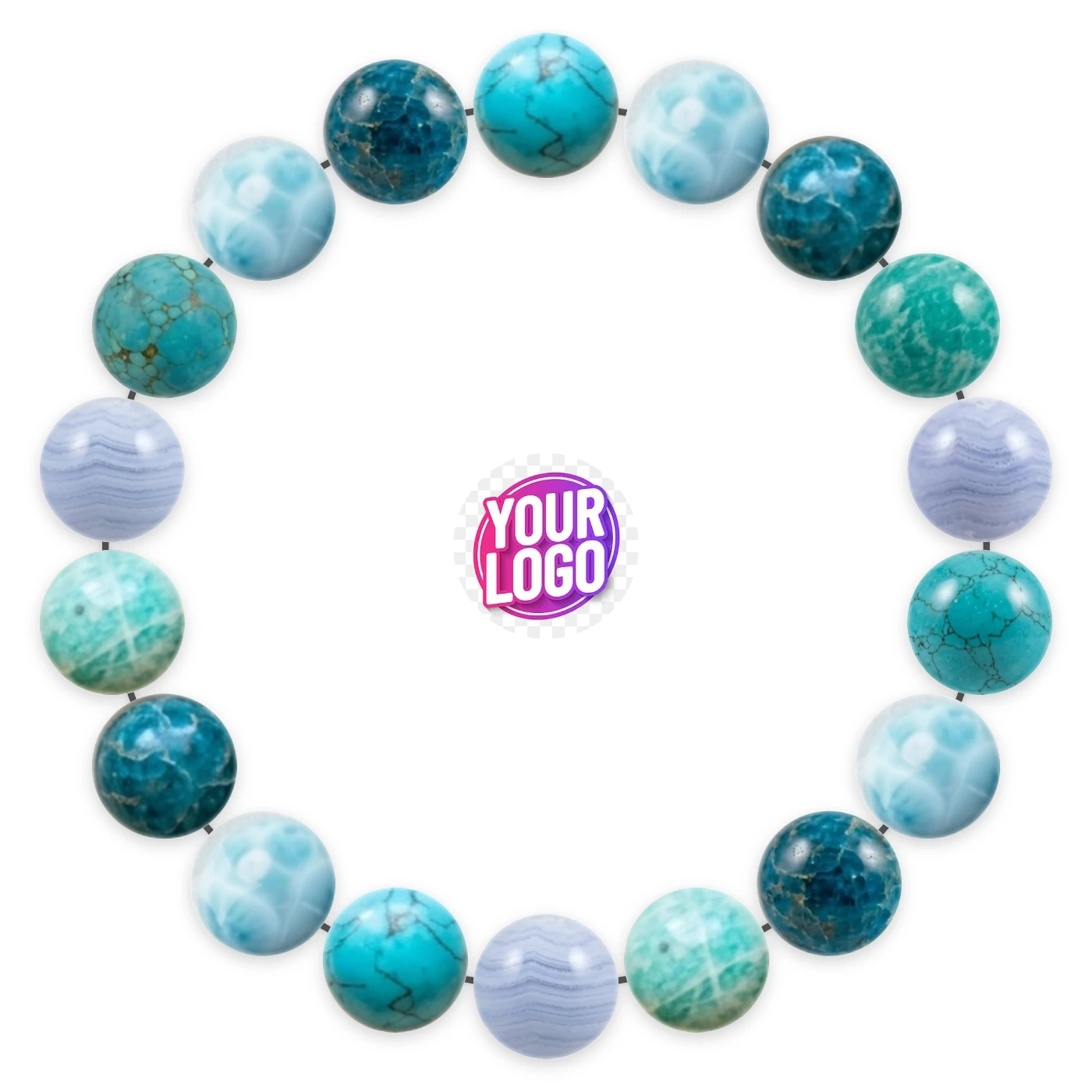 Natural stone bracelet made of Turquoise (×4), Larimar (×4), Blue Apatite (×4), Amazonite (×3), Blue Lace Agate (×3), laid flat: order of the beads