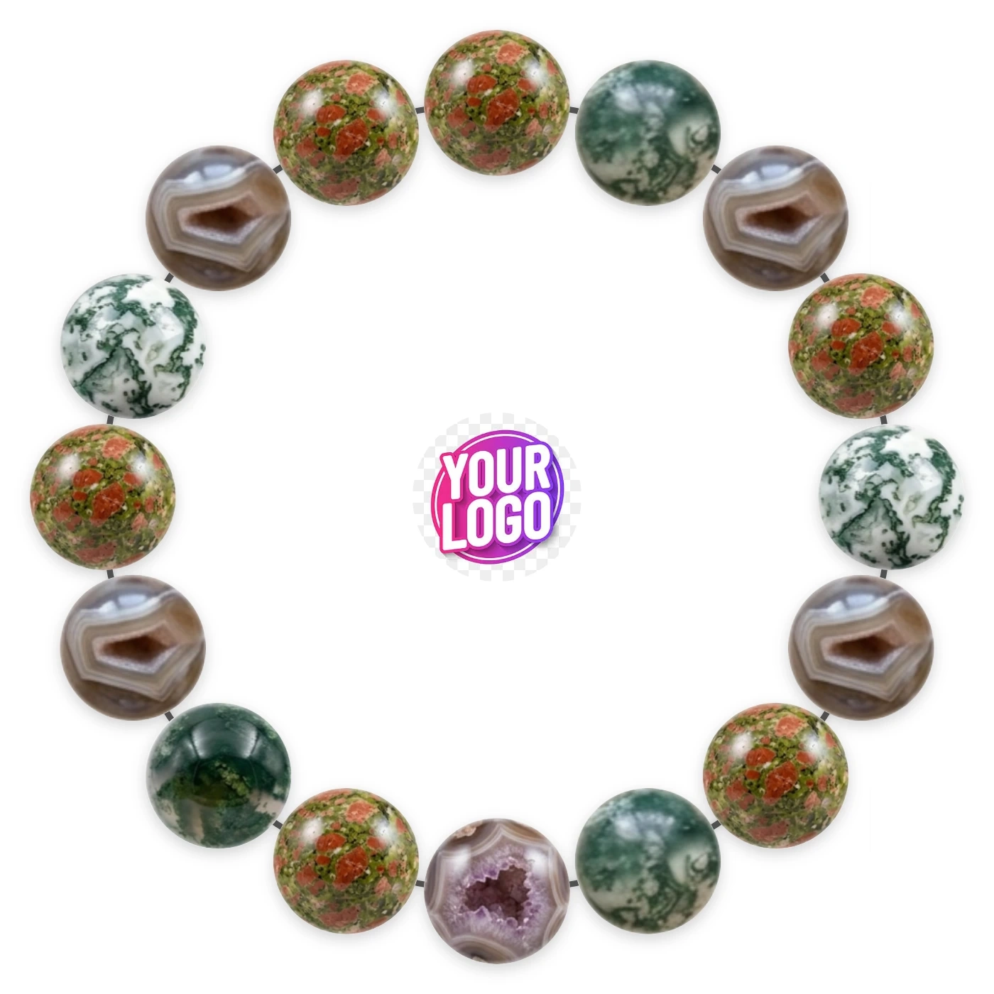 Natural stone bracelet made of Unakite (×6), Moss Agate (×5), Geode Agate (×5), laid flat: order of the beads