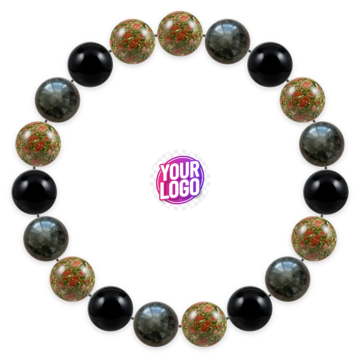 Natural stone bracelet made of Unakite (×7), Tourmaline (×6), Black Onyx (×6), laid flat: order of the beads