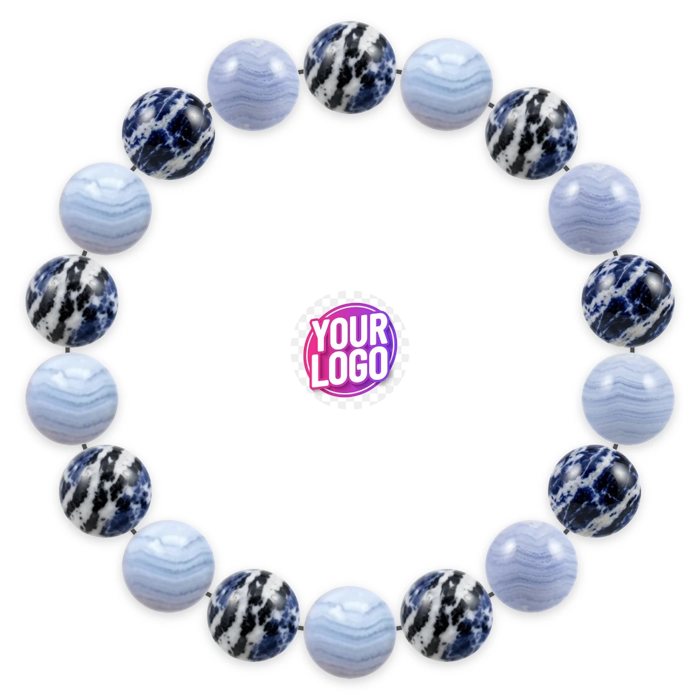 Natural stone bracelet made of Zebra Sodalite (×9), Blue Lace Agate (×9), laid flat: order of the beads