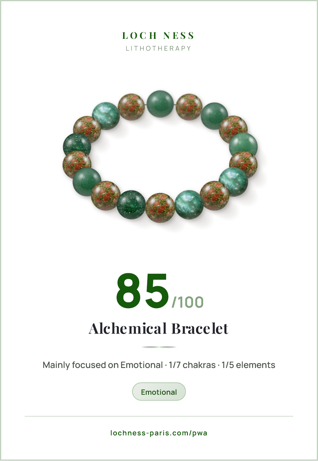 Score card Alchemical Bracelet, natural stone bracelet 85/100, made of Aventurine (×9), Unakite (×9)