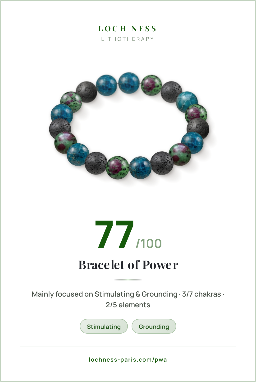 Score card Bracelet of Power, natural stone bracelet 77/100, made of Blue Apatite (×7), Ruby Zoisite (×6), Lava Stone (×6)