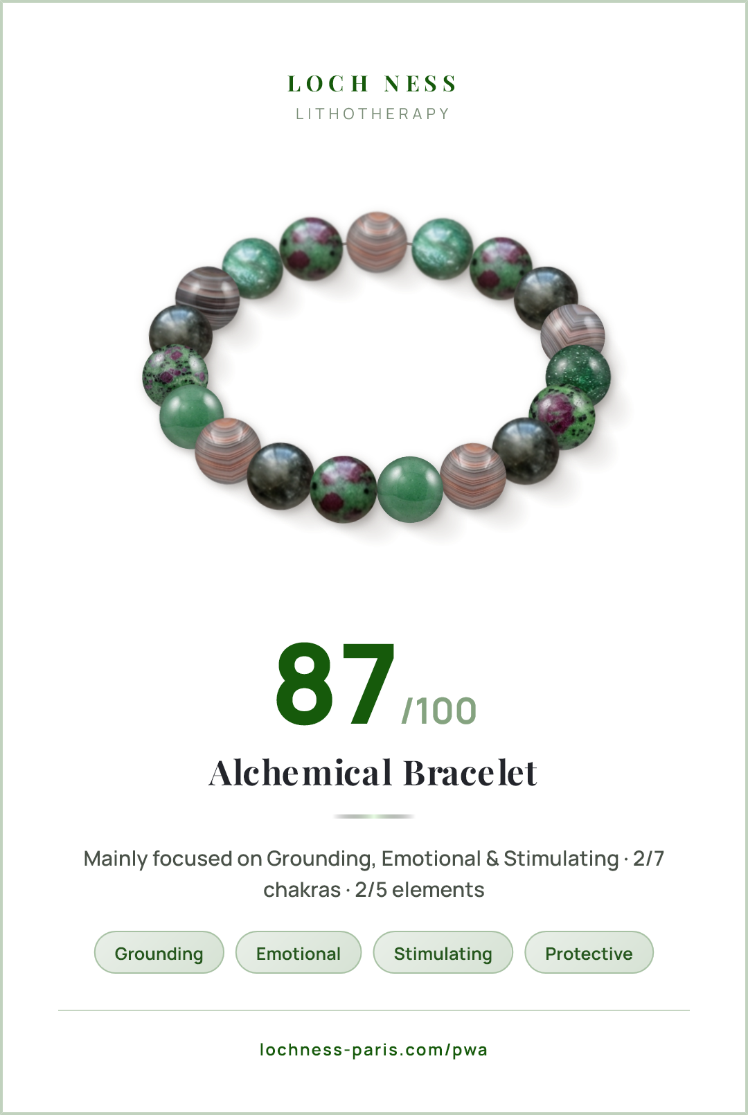 Score card Alchemical Bracelet, natural stone bracelet 87/100, made of Botswana Agate (×5), Aventurine (×5), Ruby Zoisite (×5), Tourmaline (×4)