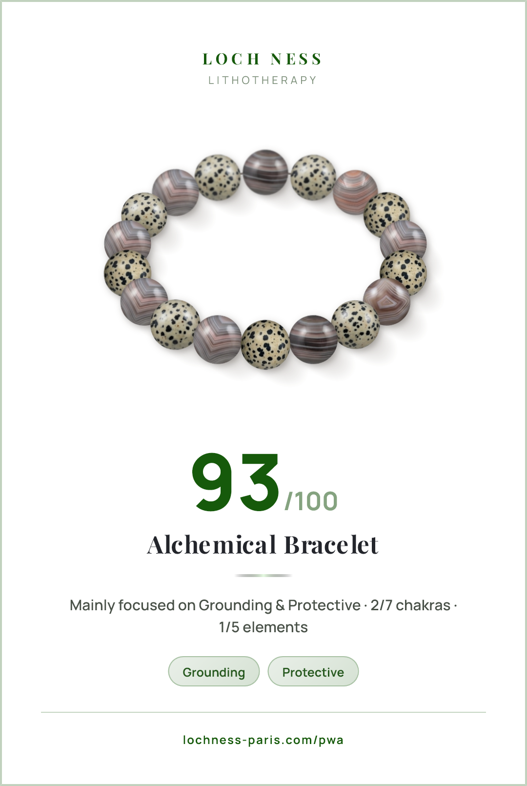 Score card Alchemical Bracelet, natural stone bracelet 93/100, made of Botswana Agate (×9), Dalmatian Jasper (×9)