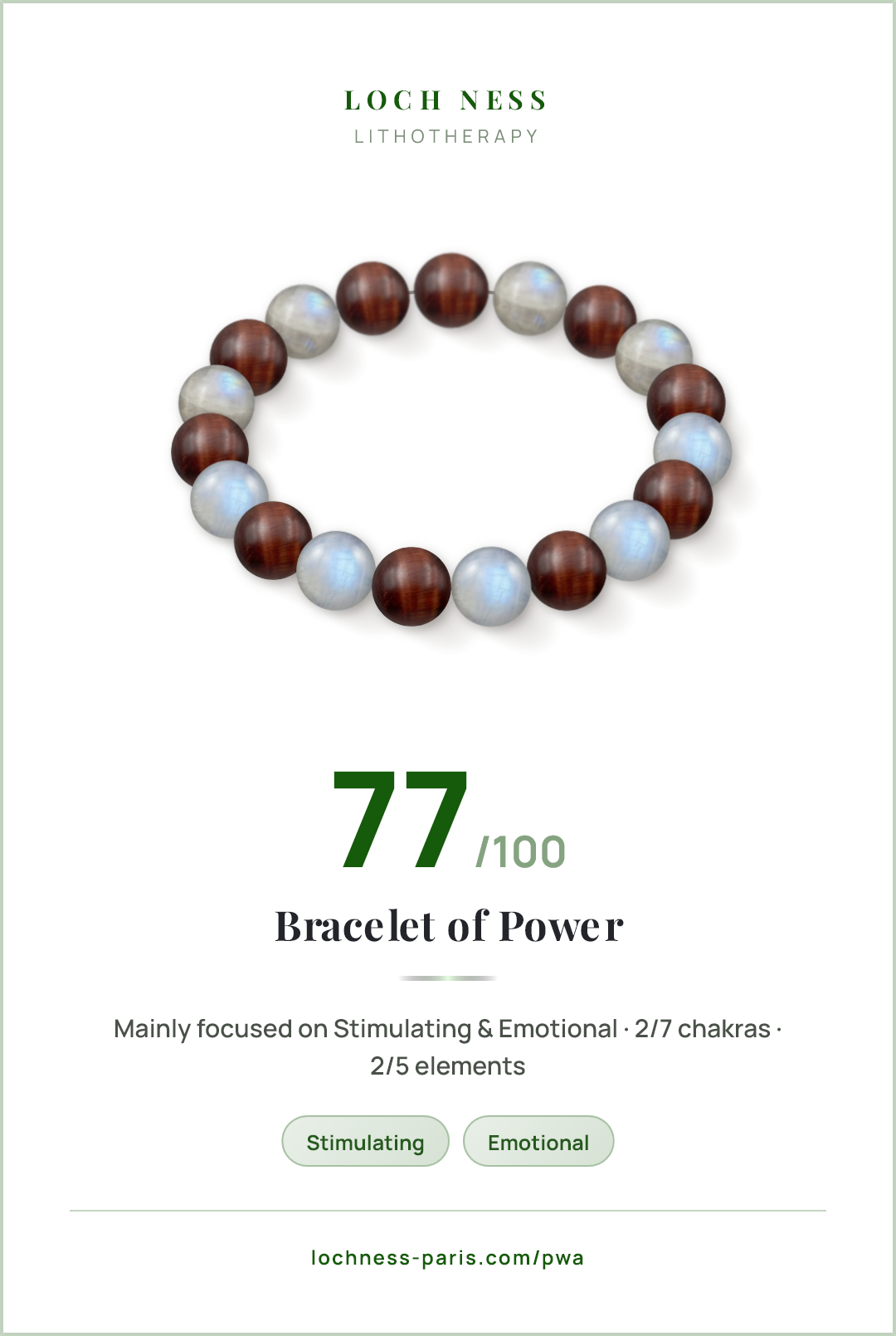 Score card Bracelet of Power, natural stone bracelet 77/100, made of Bull's Eye (×10), Moonstone (×9)