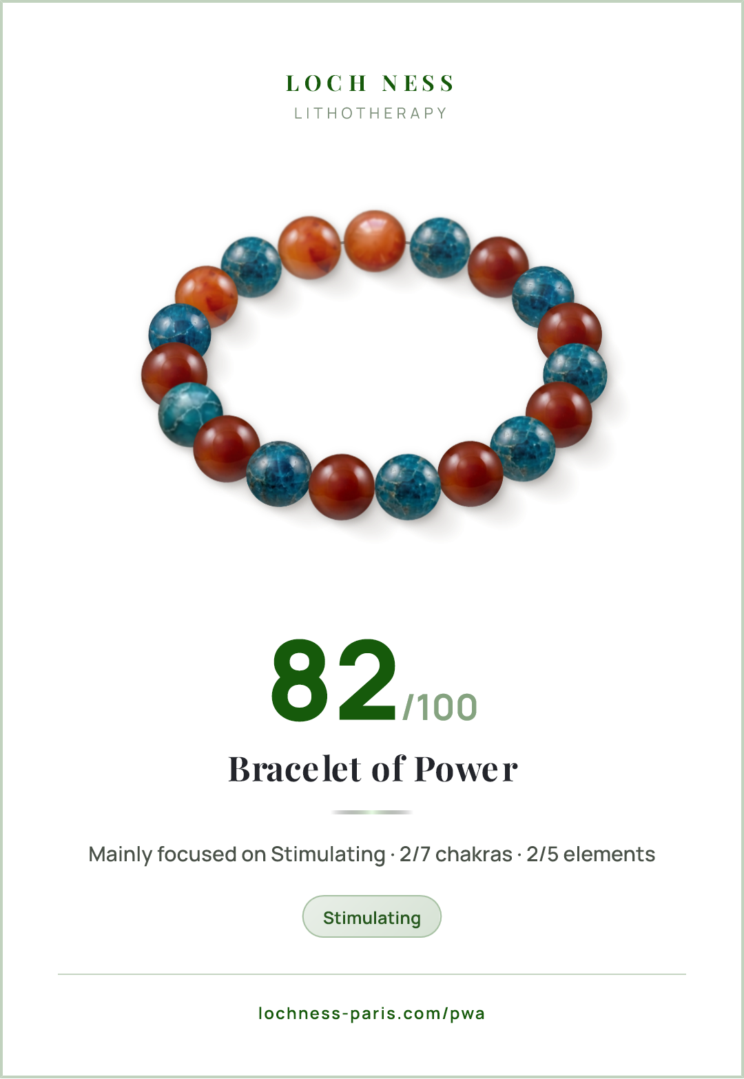 Score card Bracelet of Power, natural stone bracelet 82/100, made of Carnelian (×10), Blue Apatite (×9)