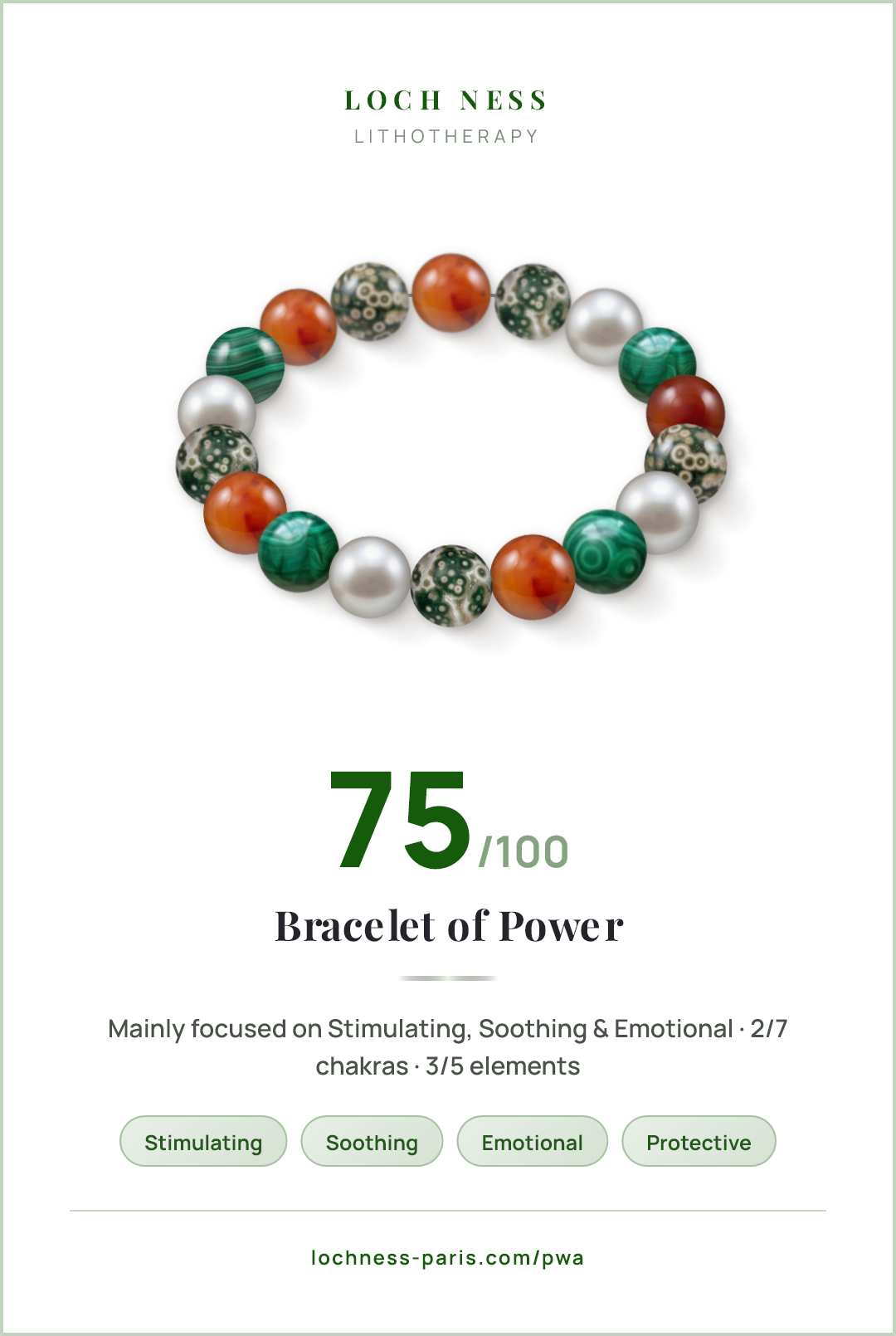 Score card Bracelet of Power, natural stone bracelet 75/100, made of Carnelian (×5), Ocean Jasper (×5), Akoya Pearl (×4), Malachite (×4)