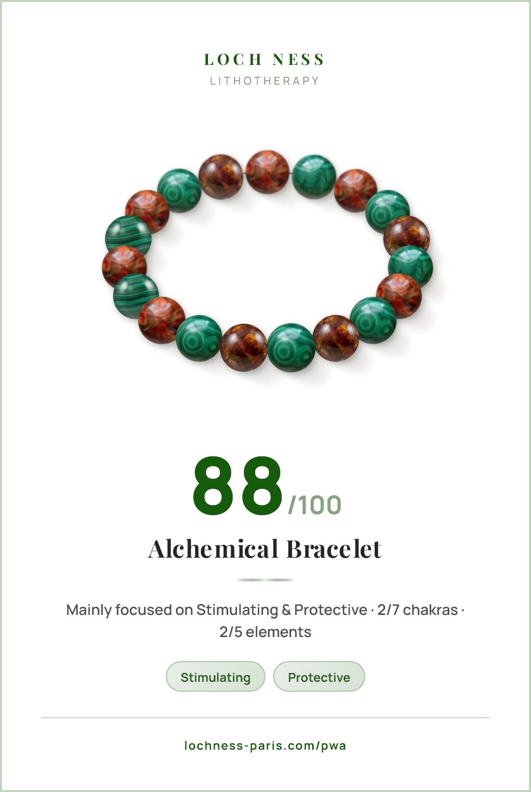 Score card Alchemical Bracelet, natural stone bracelet 88/100, made of Fire Agate (×10), Malachite (×9)