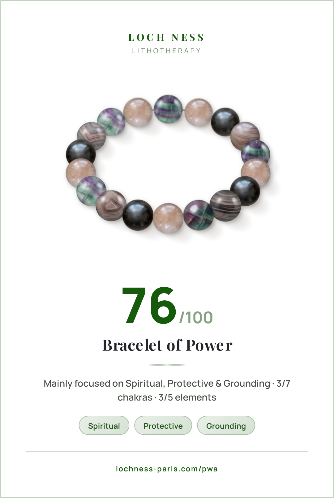 Score card Bracelet of Power, natural stone bracelet 76/100, made of Fluorite (×5), Kunzite (×5), Obsidian (×4), Botswana Agate (×4)