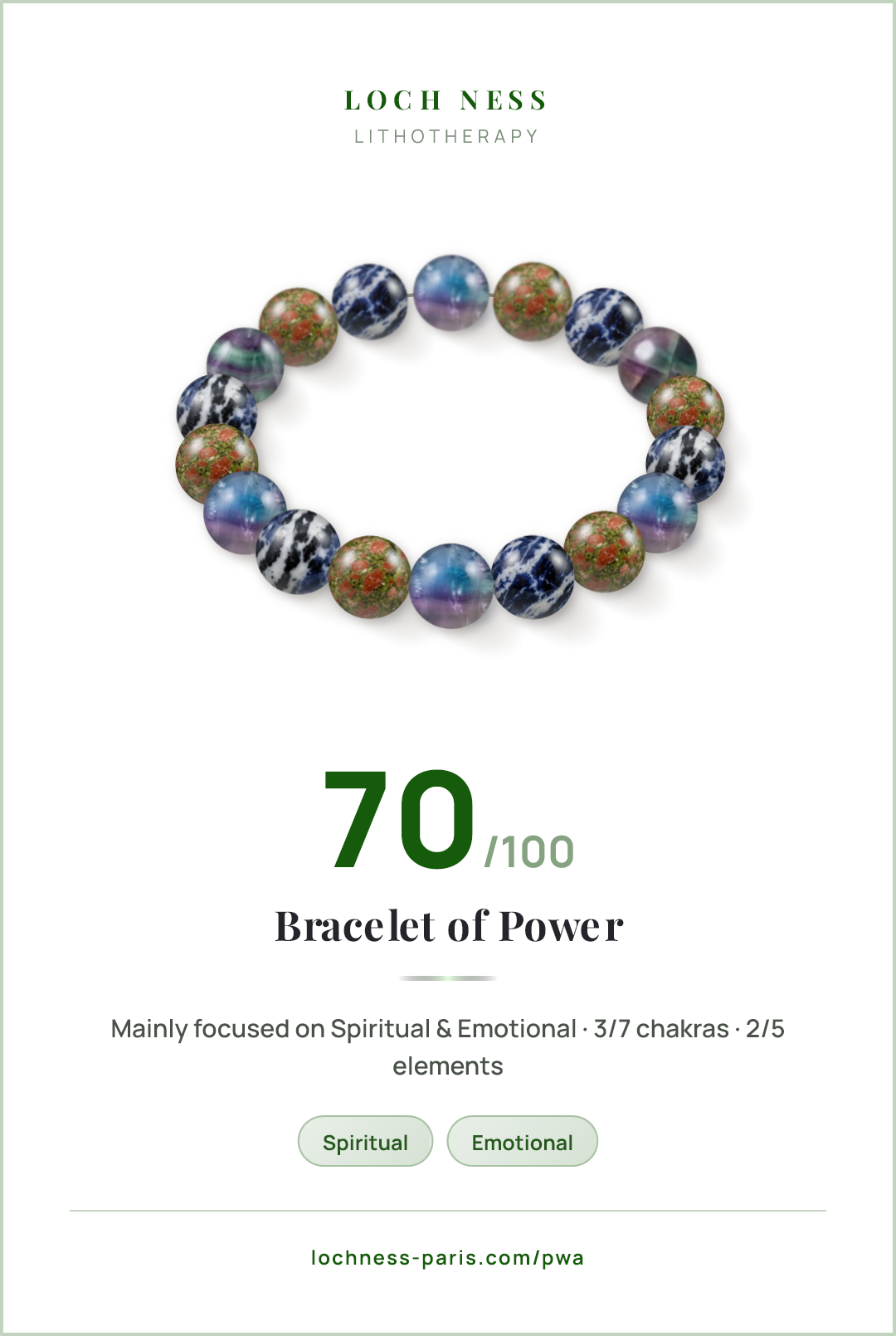 Score card Bracelet of Power, natural stone bracelet 70/100, made of Fluorite (×6), Unakite (×6), Zebra Sodalite (×6)
