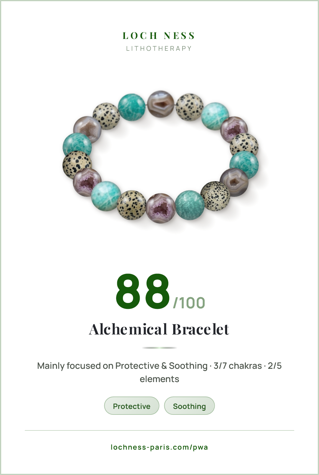Score card Alchemical Bracelet, natural stone bracelet 88/100, made of Geode Agate (×6), Dalmatian Jasper (×6), Amazonite (×6)